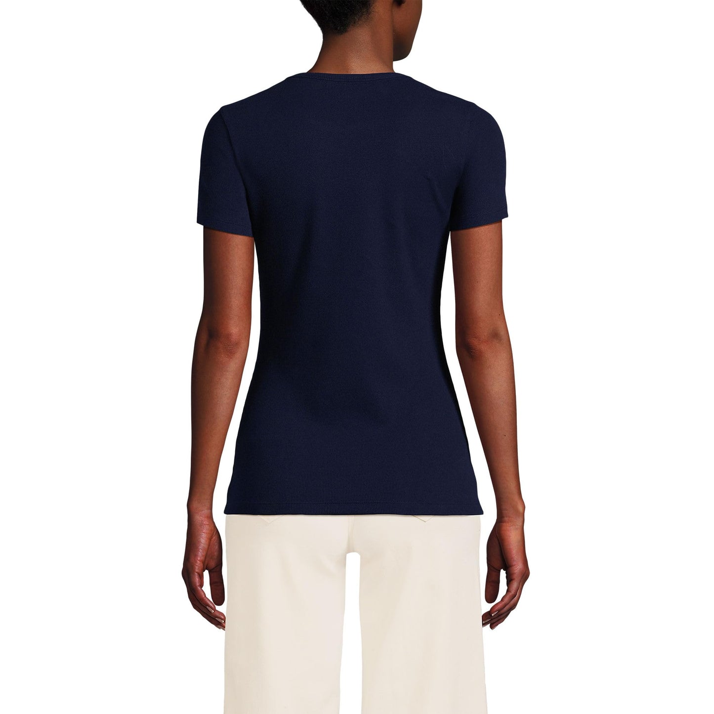 Lands' End Womens Short Sleeve Micro Rib Crew Deep Sea Navy Tall Medium