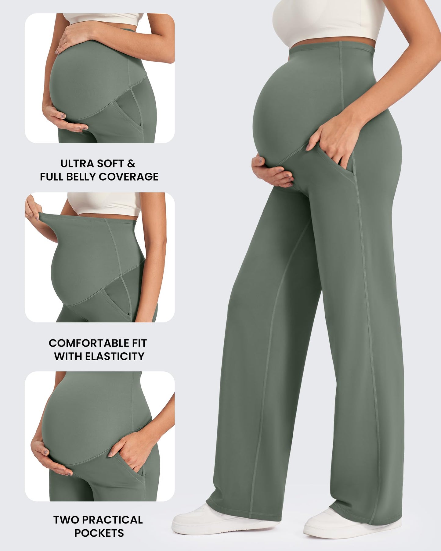 G4Free Maternity Activewear Over The Belly Straight Yoga Pants with Pockets Lightweight Maternity Pants (Gray Sage,S,32")