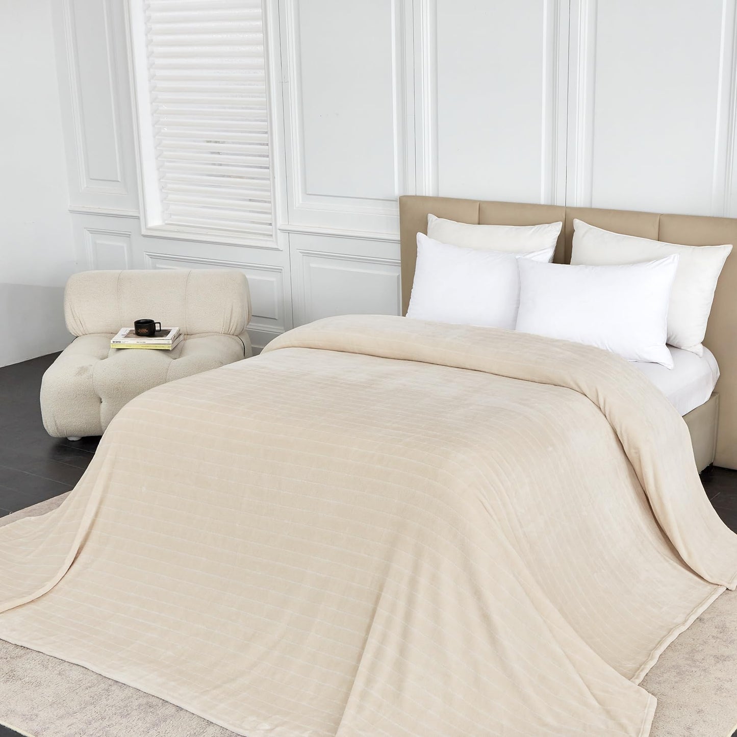 Serenhom Extra Large 120x120 Inch Giant Soft Cozy Fleece Blanket, Huge Oversized Seamless King 3D Jacquard Decorative California King Blanket for Bed, Couch, Travel - Striped Khaki