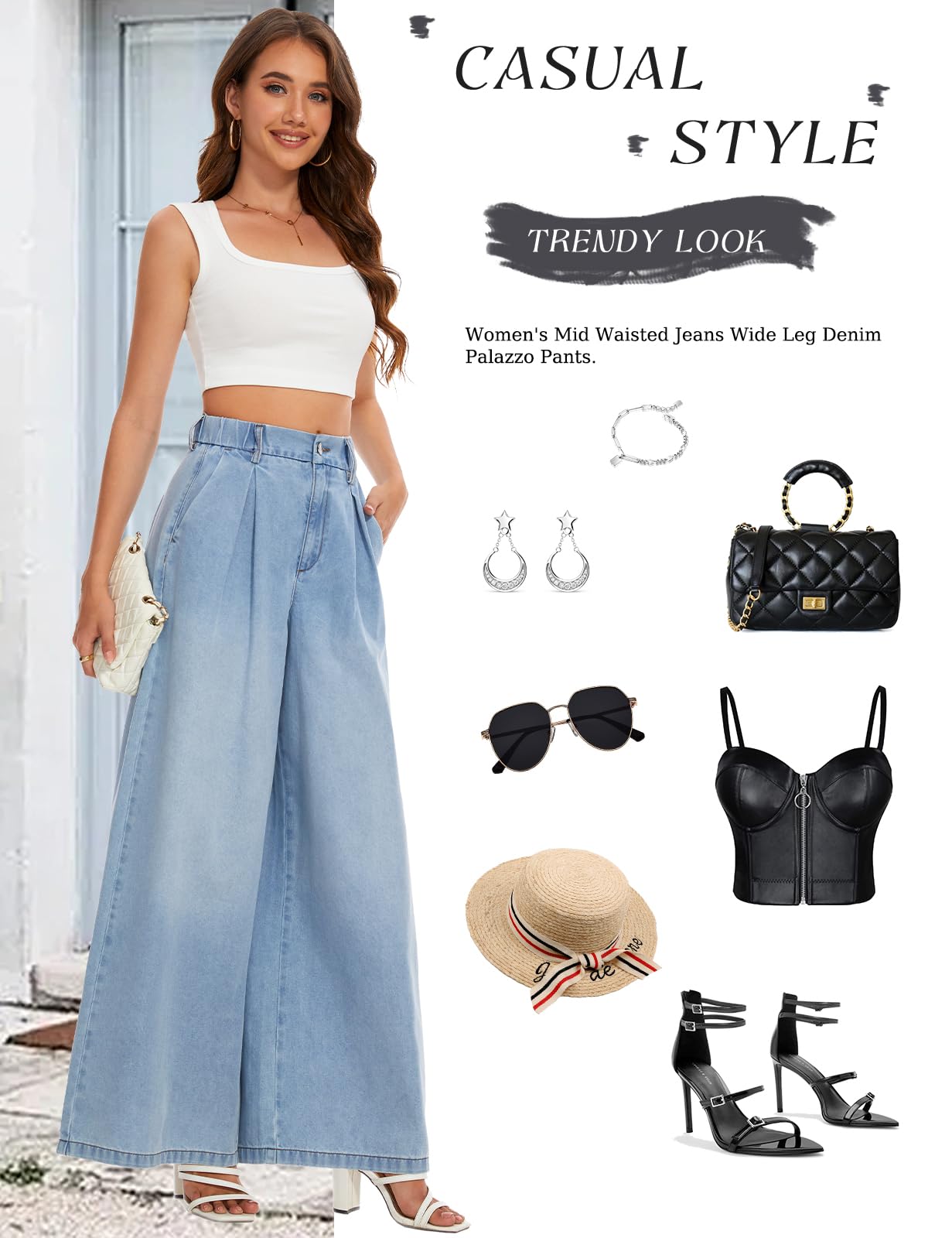 Tapata Women's 33" Inseam Tall Wide Leg Jeans High Waisted Baggy Denim Pants Palazzo Trousers, Light Blue, M
