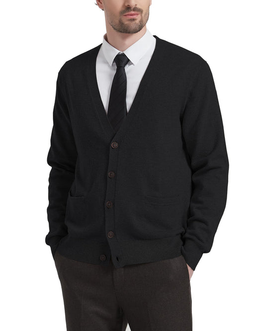 Kallspin Men's Tall Cardigan Sweaters Wool Blend V Neck Button Down Sweaters with Pockets(Black, 3XL-Tall)