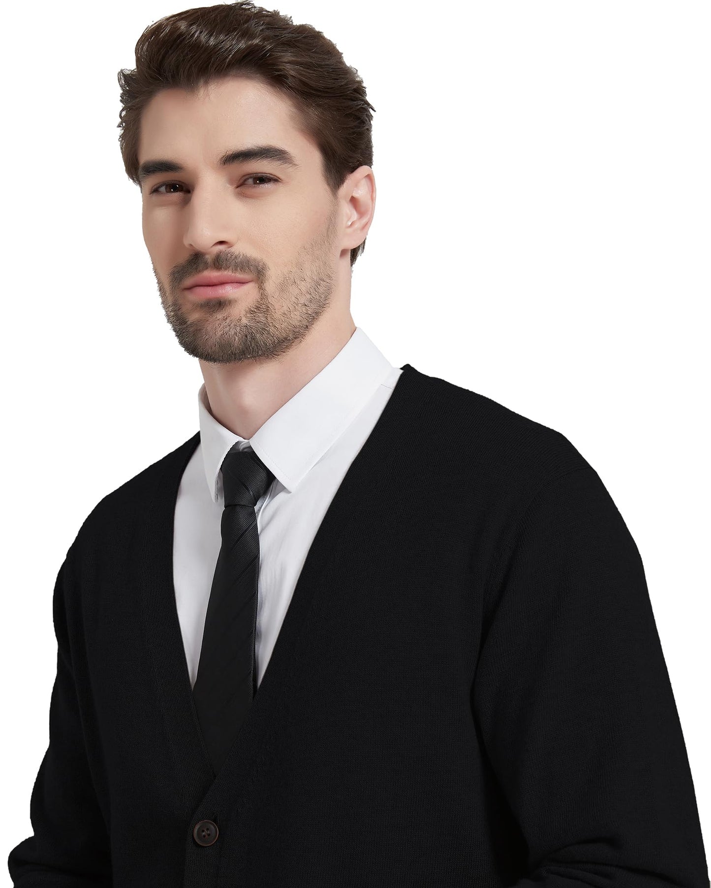 Kallspin Men's Tall Cardigan Sweaters Wool Blend V Neck Button Down Sweaters with Pockets(Black, L-Tall)