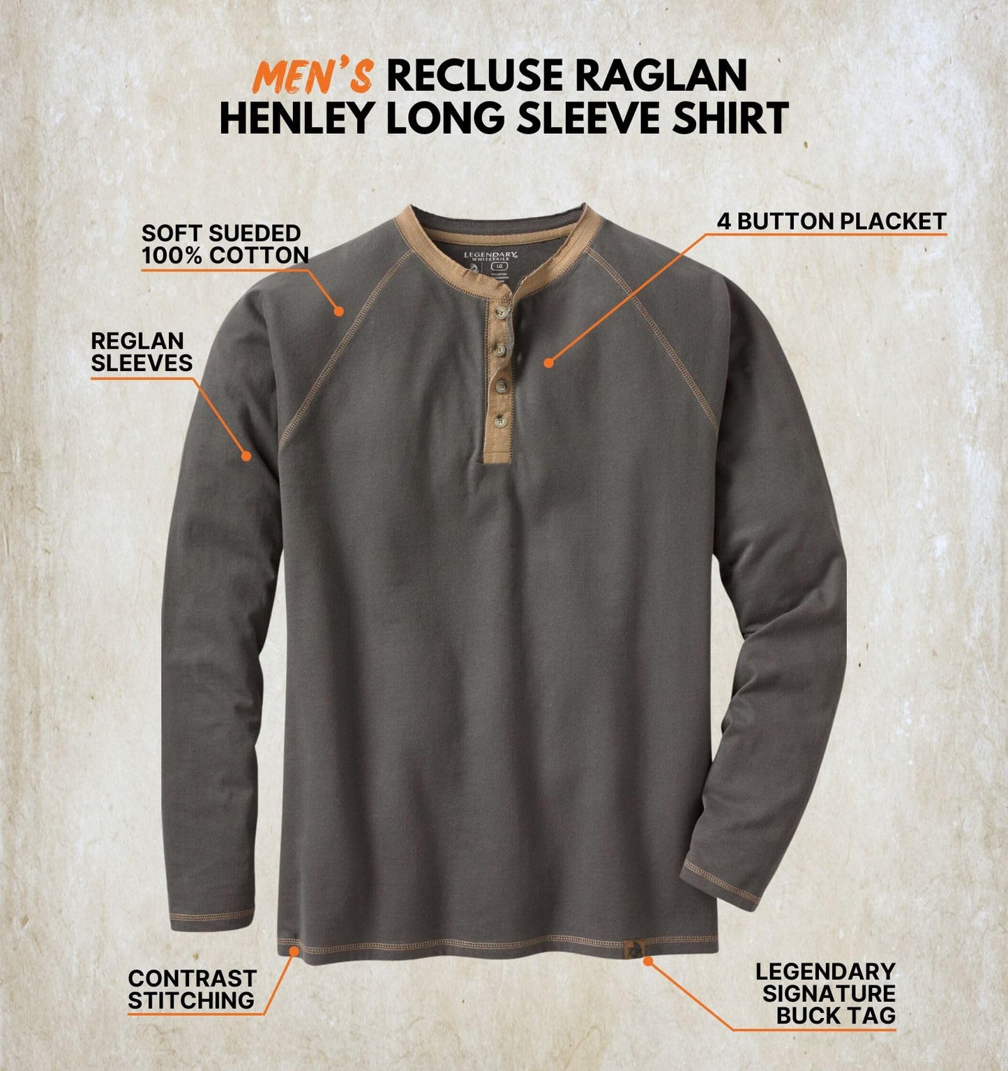 Legendary Whitetails Men's Long Sleeve Henley Shirt Button Up Casual Fit 100% Cotton, Charcoal, X-Large Tall