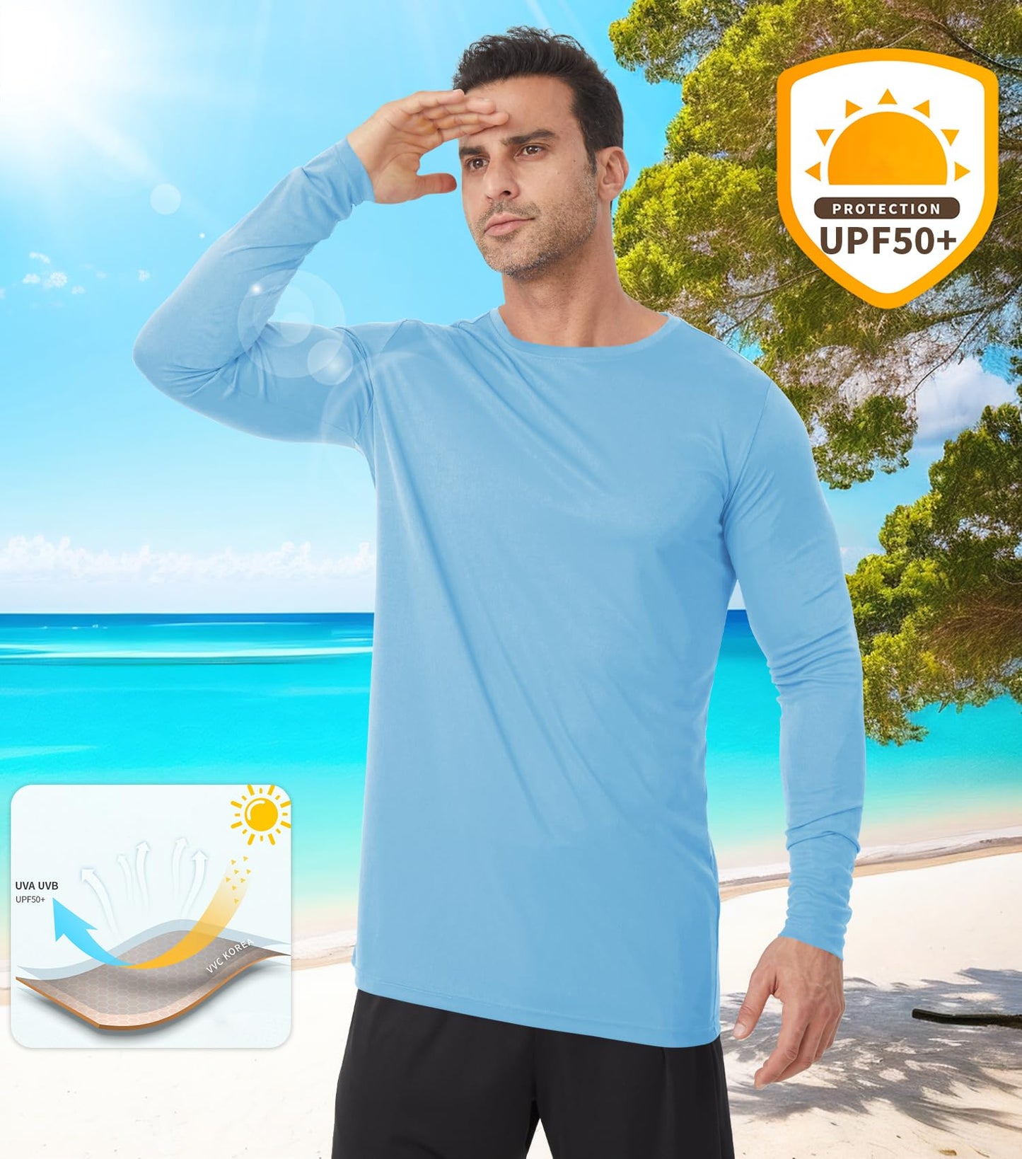 Men's Tall Rash Guard Long Sleeve T Shirts - UPF 50+ Sun Protection Tee Shirt for Fishing, Swim, Hiking Light Blue