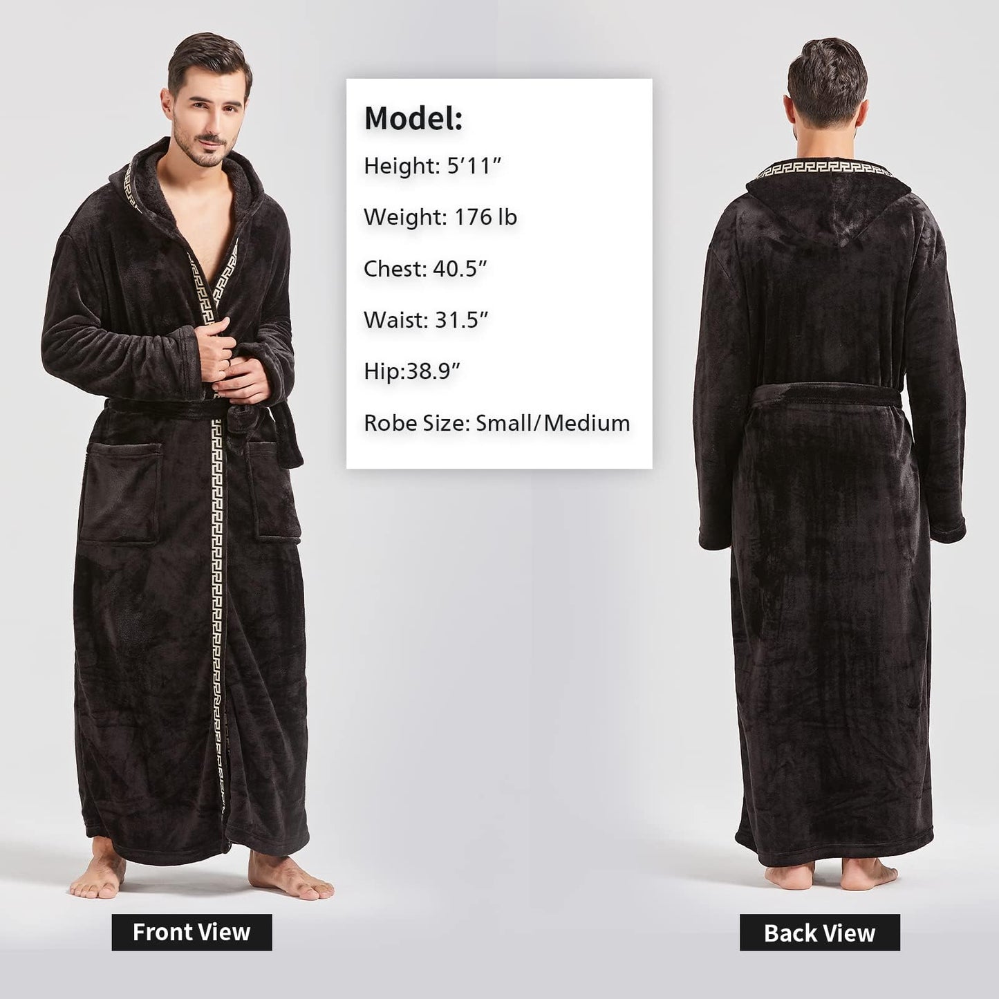 FashGudim Men's Hooded Plush Robe with Black Trim Full Length Plush Long Robe for Men Big and Tall Warm Fleece Bathrobes House Robes (Black & Black Trim, S/M)