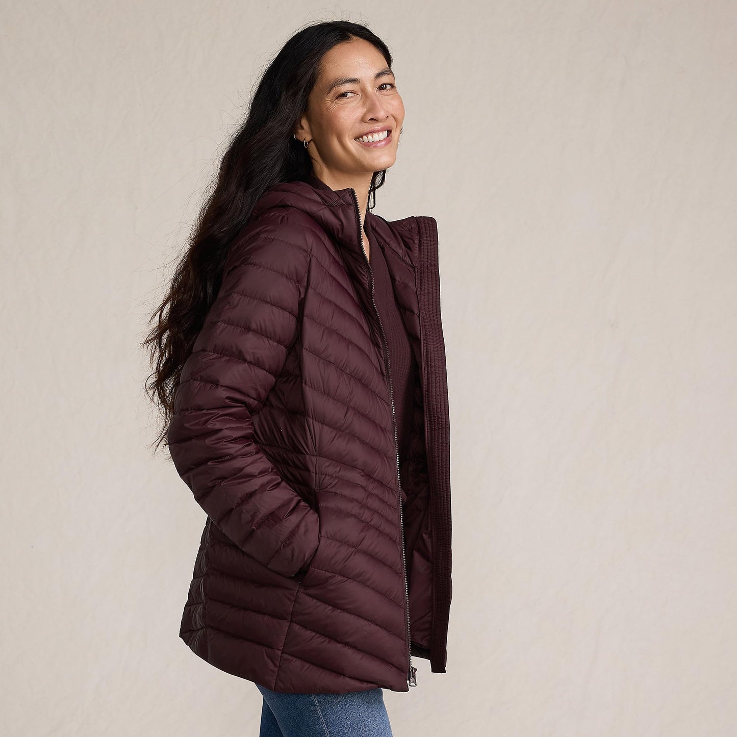 Lands' End Womens Packable Chevron Hooded Long Wanderweight Down Jacket Lush Burgundy Tall X-Large