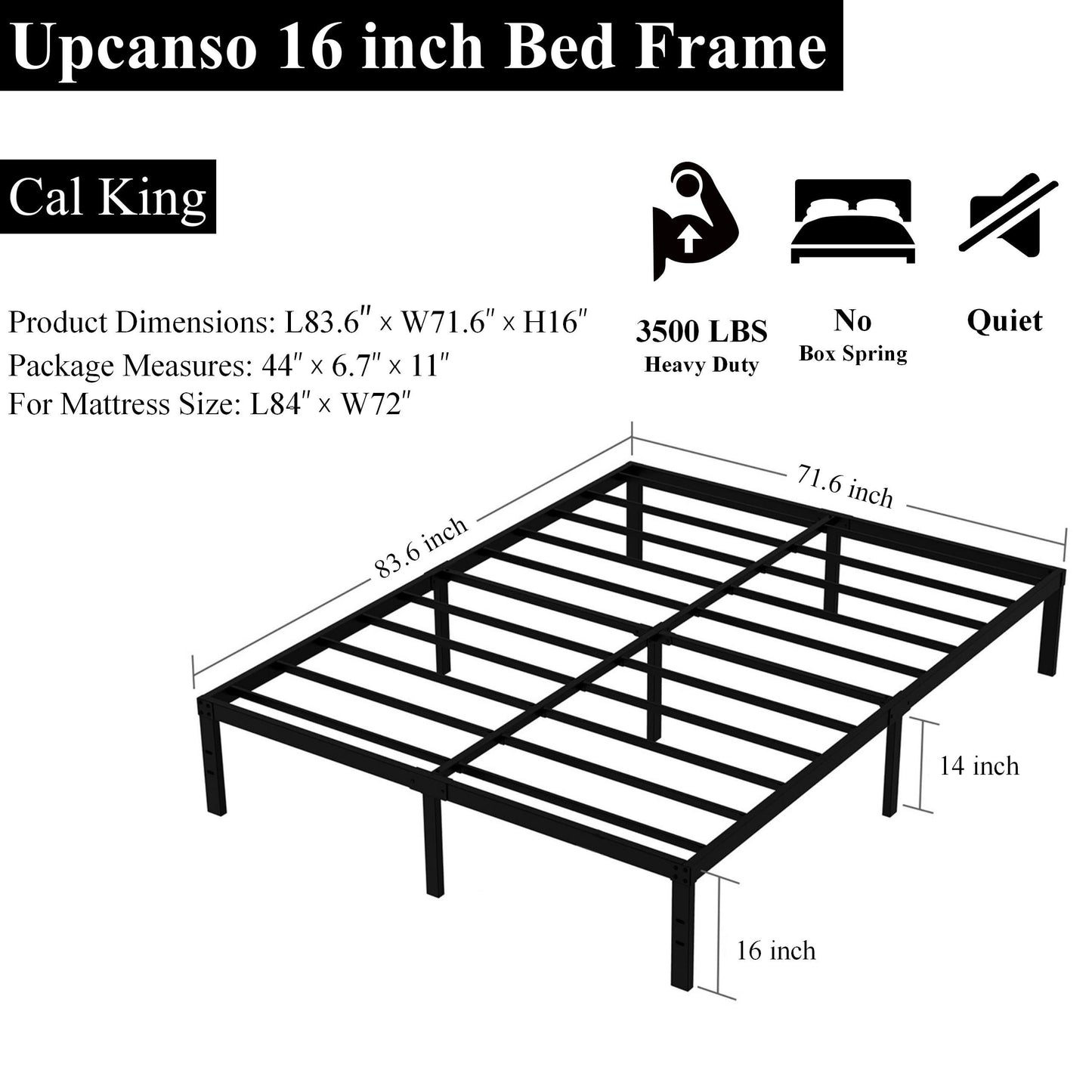 Upcanso 16 Inch California King Bed Frames No Box Spring Need, Platform Cal King Bed Frame with 14 Inch Storage, 3500 lbs Heavy Duty Metal Slats Support, Easy Assembly Mattress Foundation