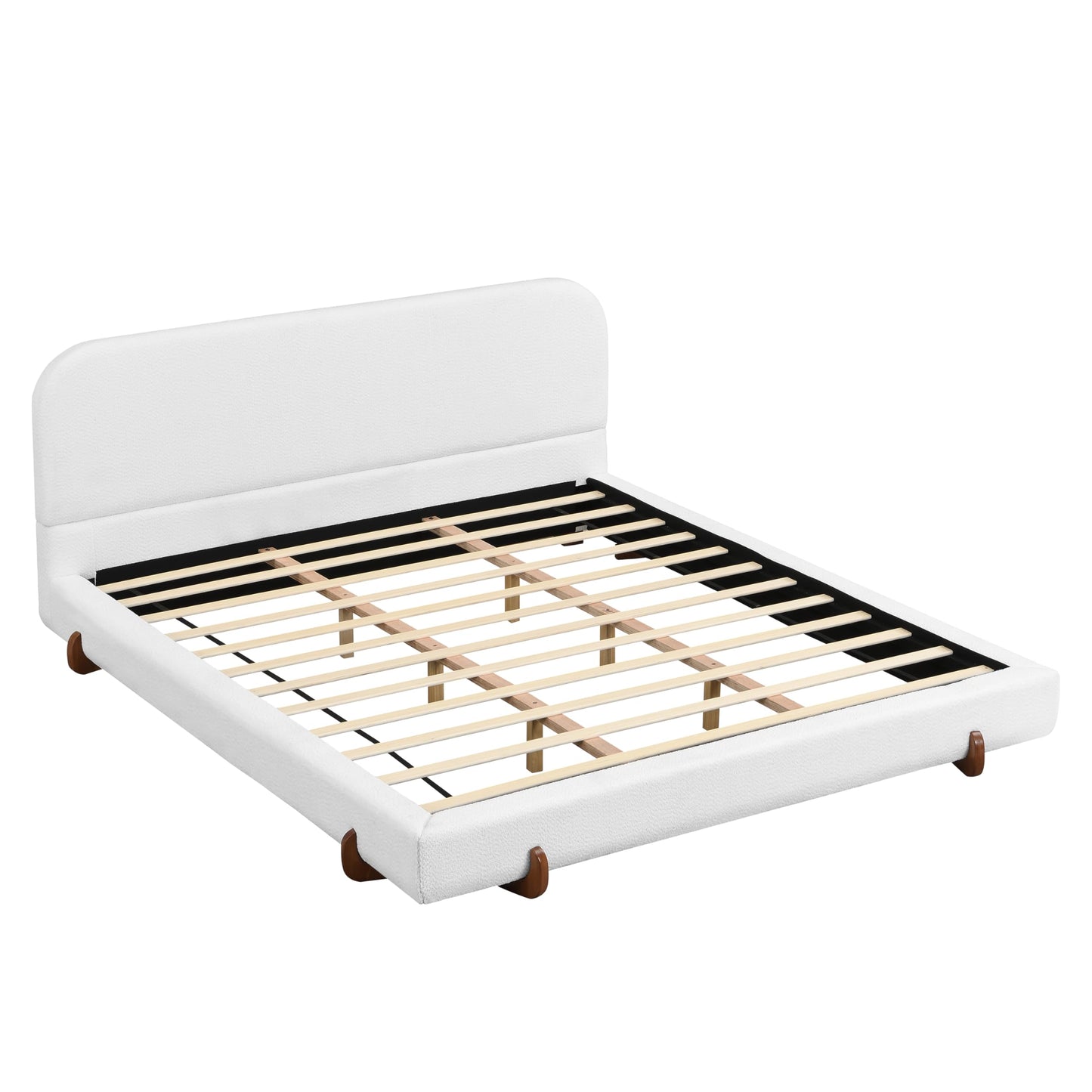 GDFStudio California King Upholstered Bed Frame, Unique Design with 4-Inch Thick Sides and Brown Rubber Wood Legs, White Chenille Fabric, Durable and Stylish Platform Bed for Home Décor