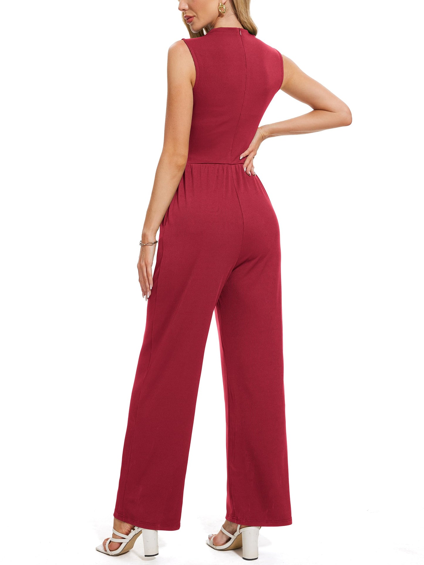 Tapata Women's Jumpsuits Dressy Casual One Piece Outfits Sleeveless Rompers Wide Leg Pants with Pockets, Tall, Burgundy, Small