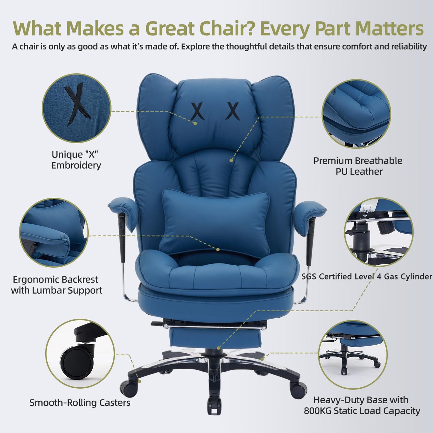 Efomao Big and Tall Office Chair with Footrest – High Back Computer Chair with Adjustable Armrests，Executive Office Chair with Wide Seat, Modern Desk Chair for Home Office, Gaming, or Study, Blue