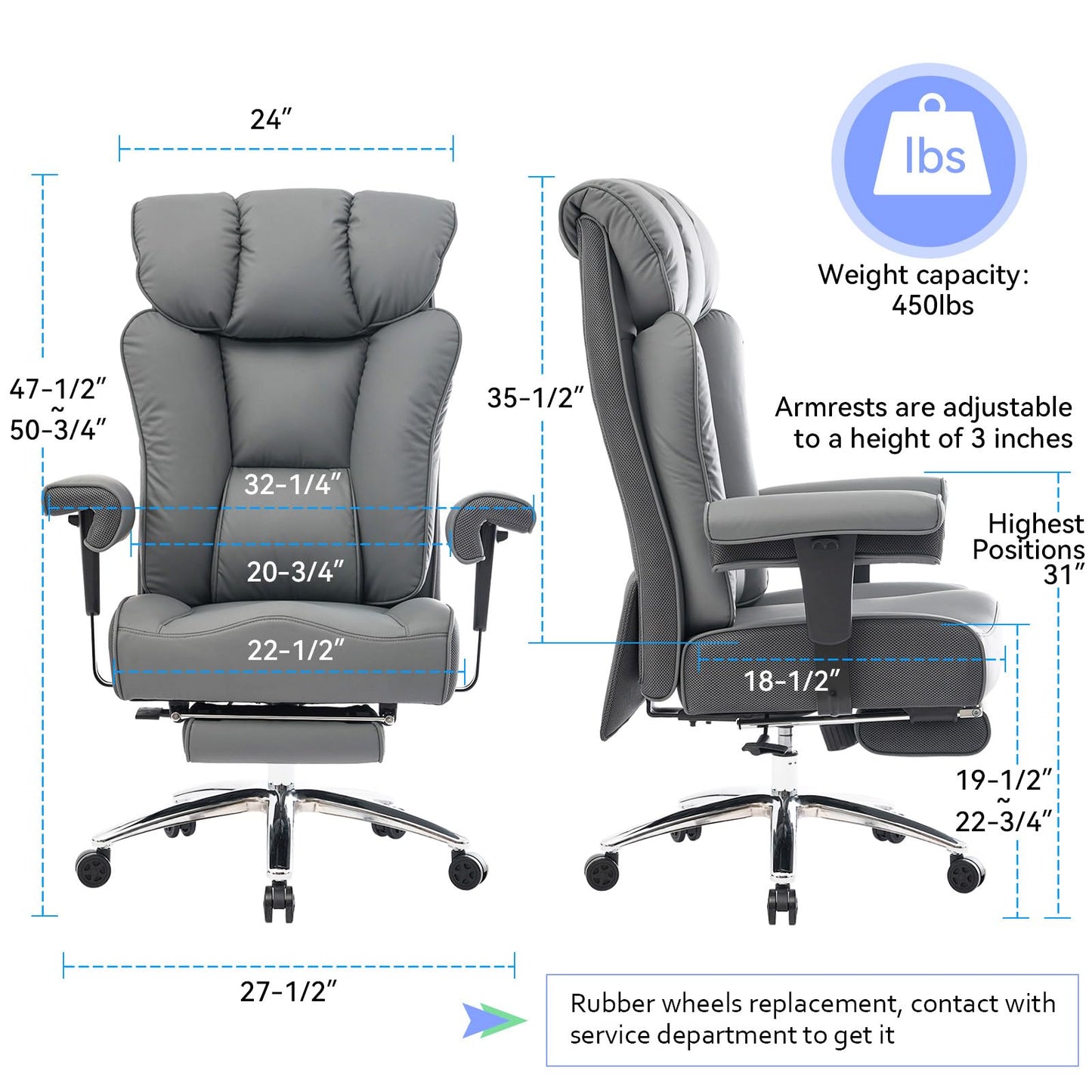 Efomao Big and Tall Office Chair 450LBS with Foot Rest, High Back PU Leather Executive Chair with Adjustable Padded Armrests, Lumbar Support for Home or Work, Heavy Duty Computer Chair, Grey
