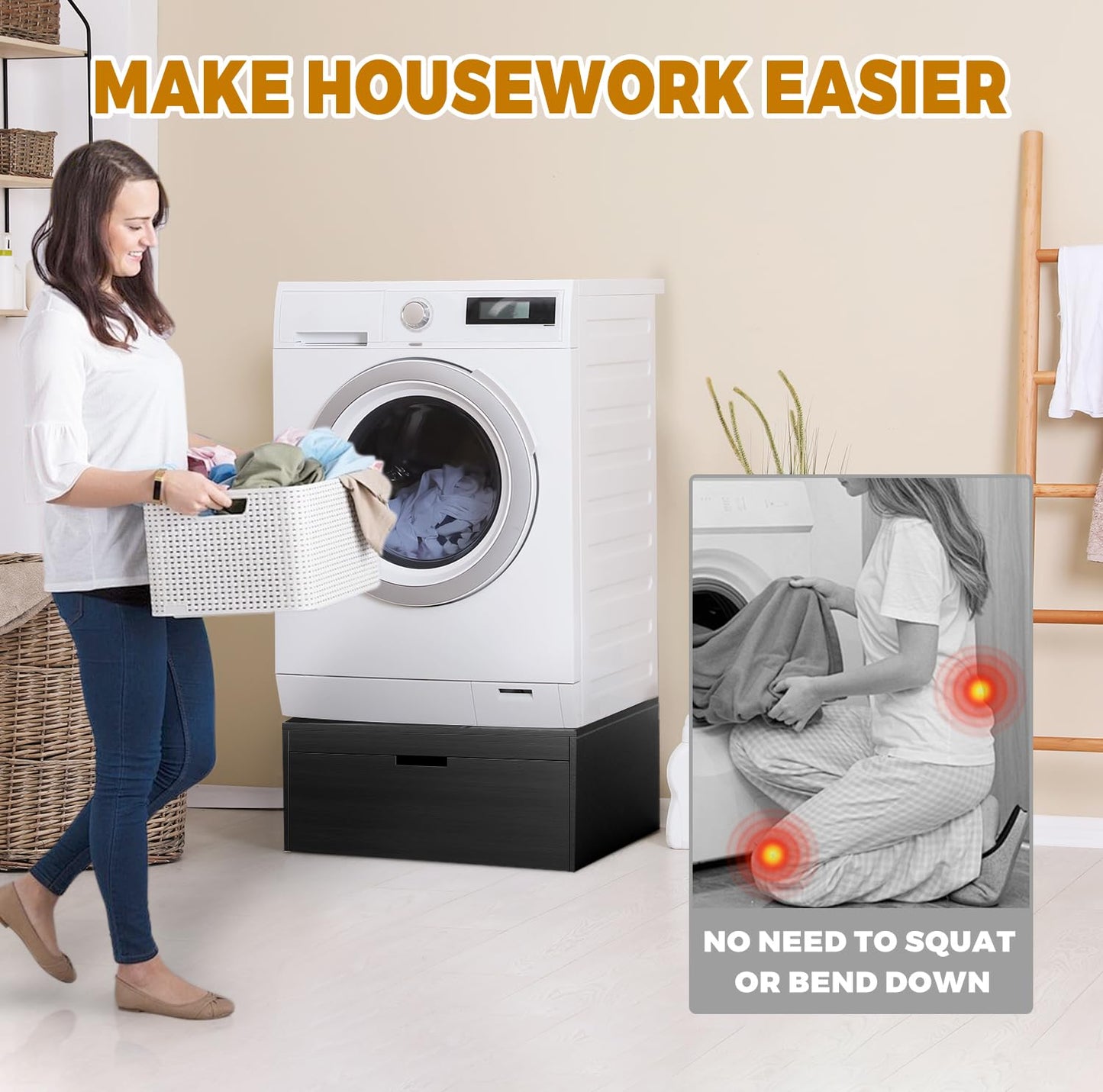 LYASIL Laundry Pedestal Heavy Duty Wood Washer Dryer Pedestal 28" Universal Fit Anti-Vibration Washing Machine Stand,770 LBS Capacity (Deep Black)