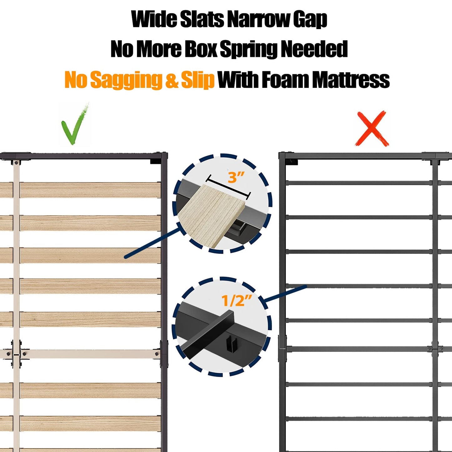 ZIYOO California King Bed Frame 18 Inches Tall 3 Inches Wide Wood Slats with 3500 Pounds Support for Foam Mattress, No Box Spring Needed,Underbed Space, Easy Assembly, Noise Free