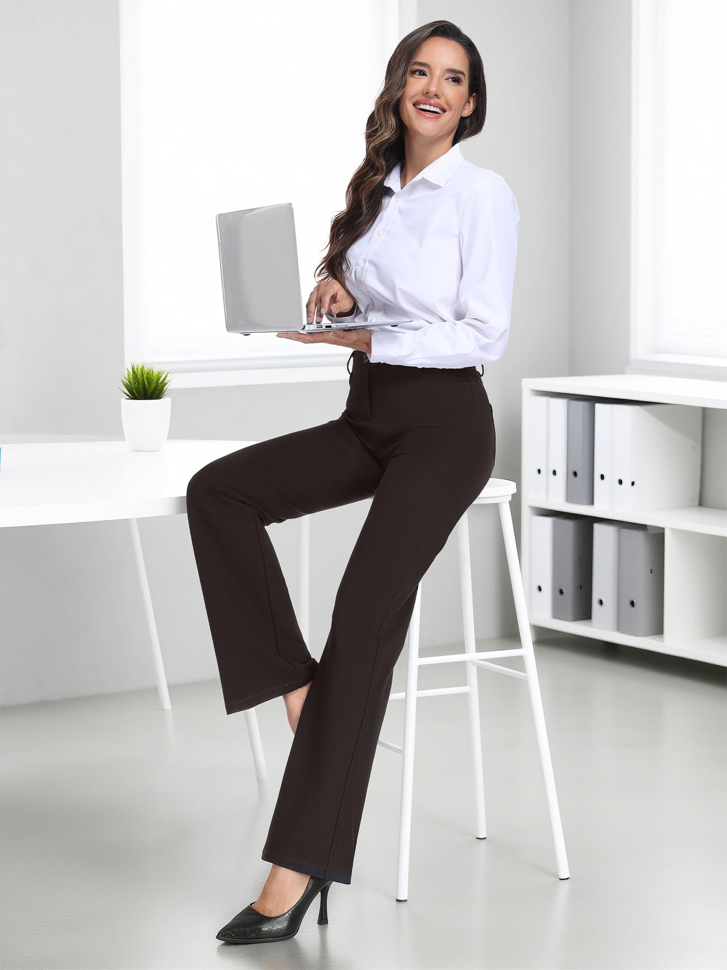 Tallemon Tall Womens Extra Long 38" Inseam Flared Dress Pants with Pockets Stretchy Work Utility Formal Slack, Brown, M