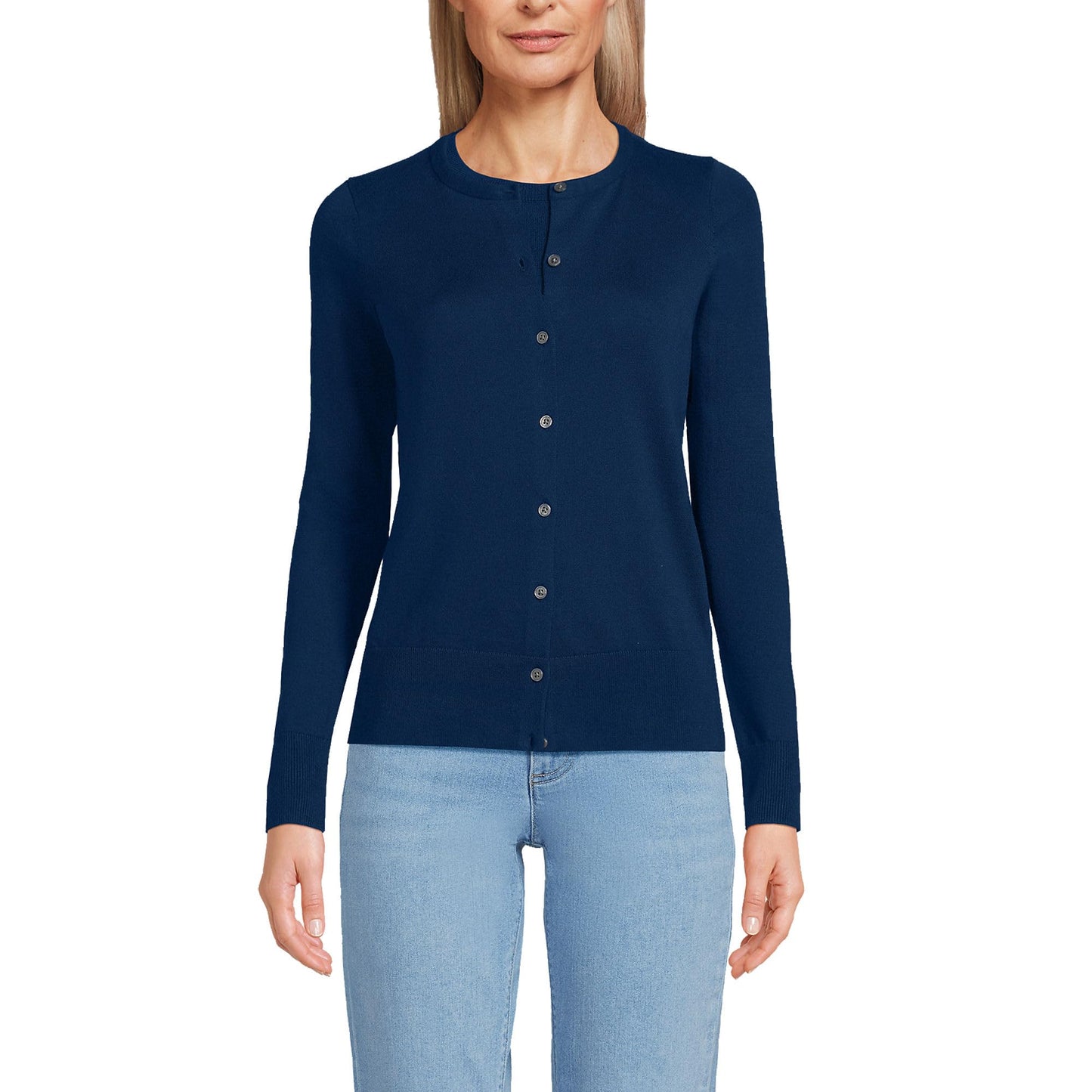 Lands' End Womens FG Cotton Cardigan Sweater Deep Sea Navy Tall Small