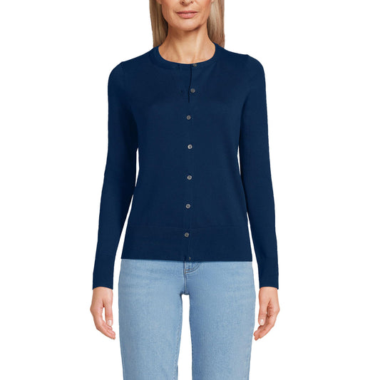 Lands' End Womens FG Cotton Cardigan Sweater Deep Sea Navy Tall Large