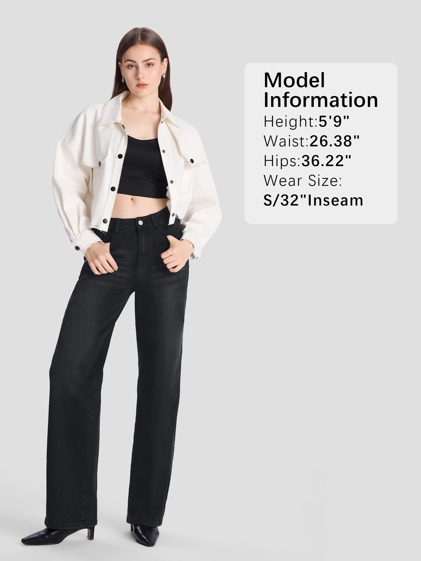 SEVEGO Women's 32"/34"/36" Tall Straight Leg Jeans Mid Waisted Stretchy Loose Denim Pants Casual Baggy Jean Trousers 32'', Black, L