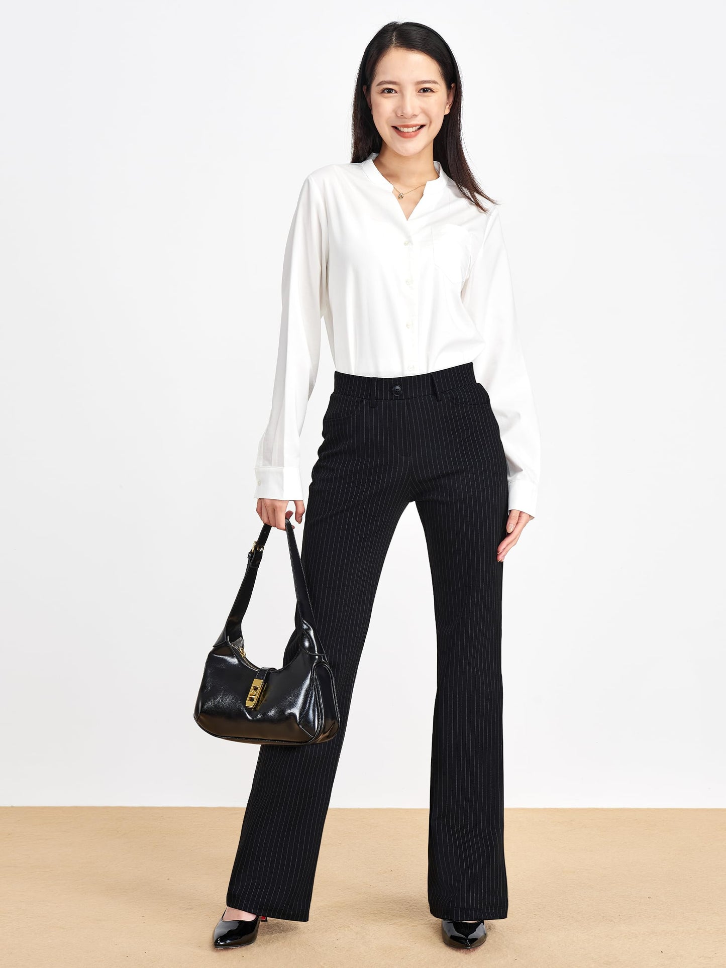 Tapata Women's 28"/30"/32"/34" Stretchy Bootcut Dress Pants with Pockets Tall, Petite, Regular for Office Work Business 32'', Black, Pinstripe, XXL