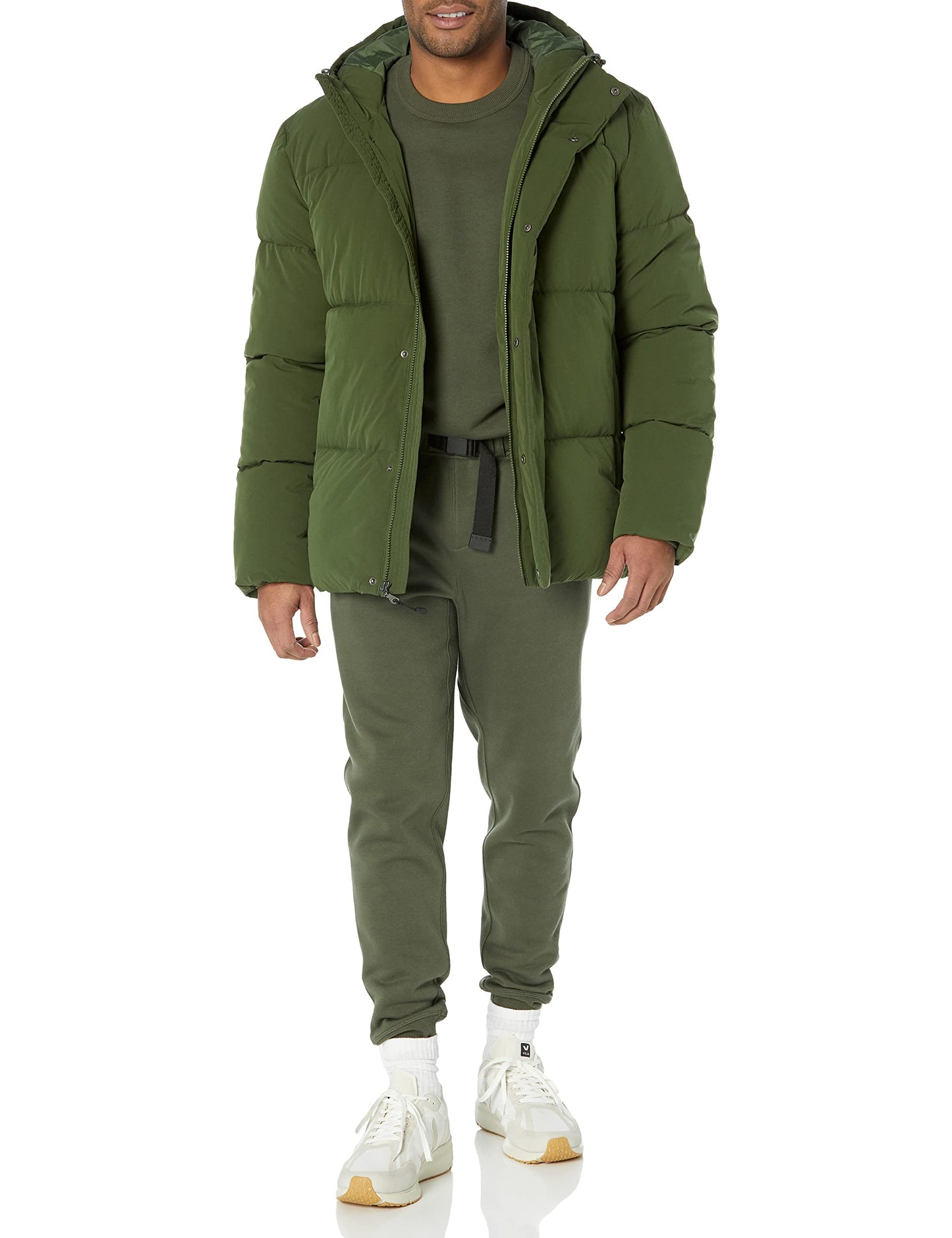 Amazon Essentials Men's Mid-Length Hooded Puffer Coat (Available in Big & Tall), Dark Olive, 6X-Large Big Tall