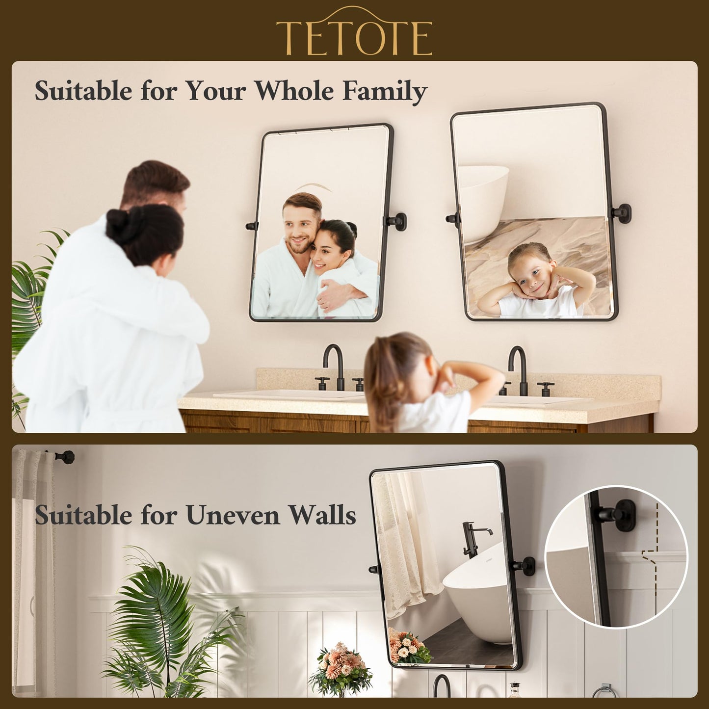 Up-titling Mirror for Bathroom - Metal Framed, Modern Farmhouse Beveled Rounded Corner