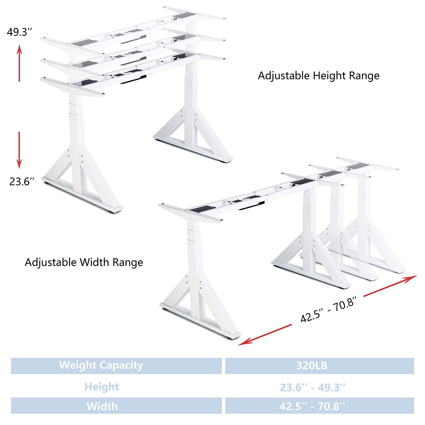 VWINDESK VJ205 Electric Height Adjustable Sitting Standing Desk Frame Sit Stand - Dual Motors 3 Stages Motorized Desk Base Only, White - 49.2'' Max Height