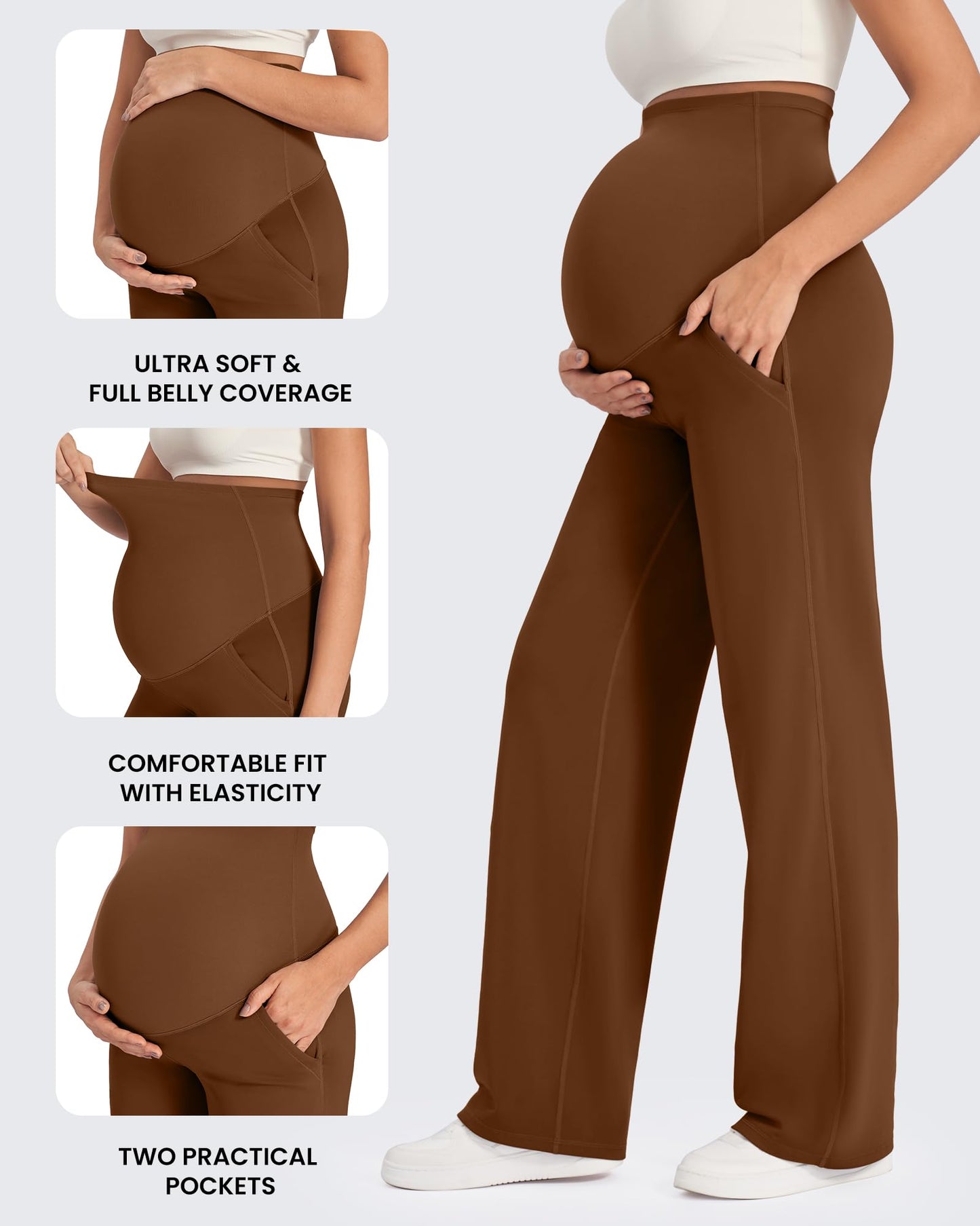 G4Free Maternity Leggings Over The Belly with Pockets Soft Wide Leg Pregnancy Yoga Pants for Casual Athletic Workout (Dark Coffee,XL,32")