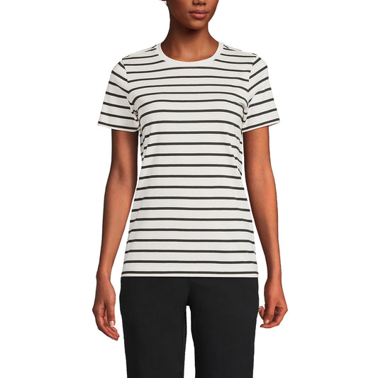 Lands' End Womens Short Sleeve Relaxed Supima Cotton Crew Neck T Shirt Ivory/Black Breton Stripe Tall Large