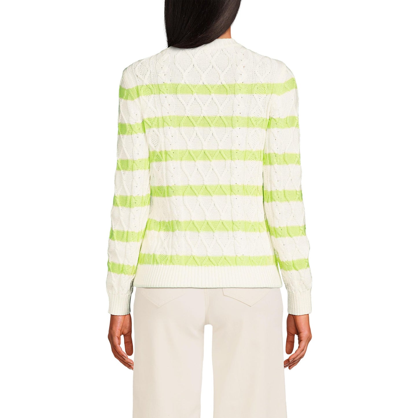 Lands' End Womens Aran Cable Crew Neck Sweater Ivory/Limoncello Gulf Stripe Tall Medium