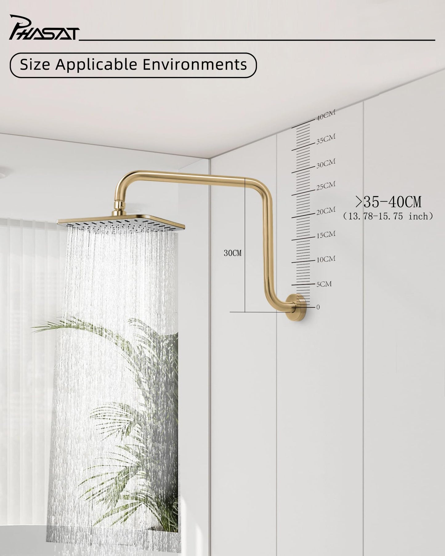 PHASAT S Shaped Shower Arm, High Rise Shower Arm with Flange, Brushed Gold