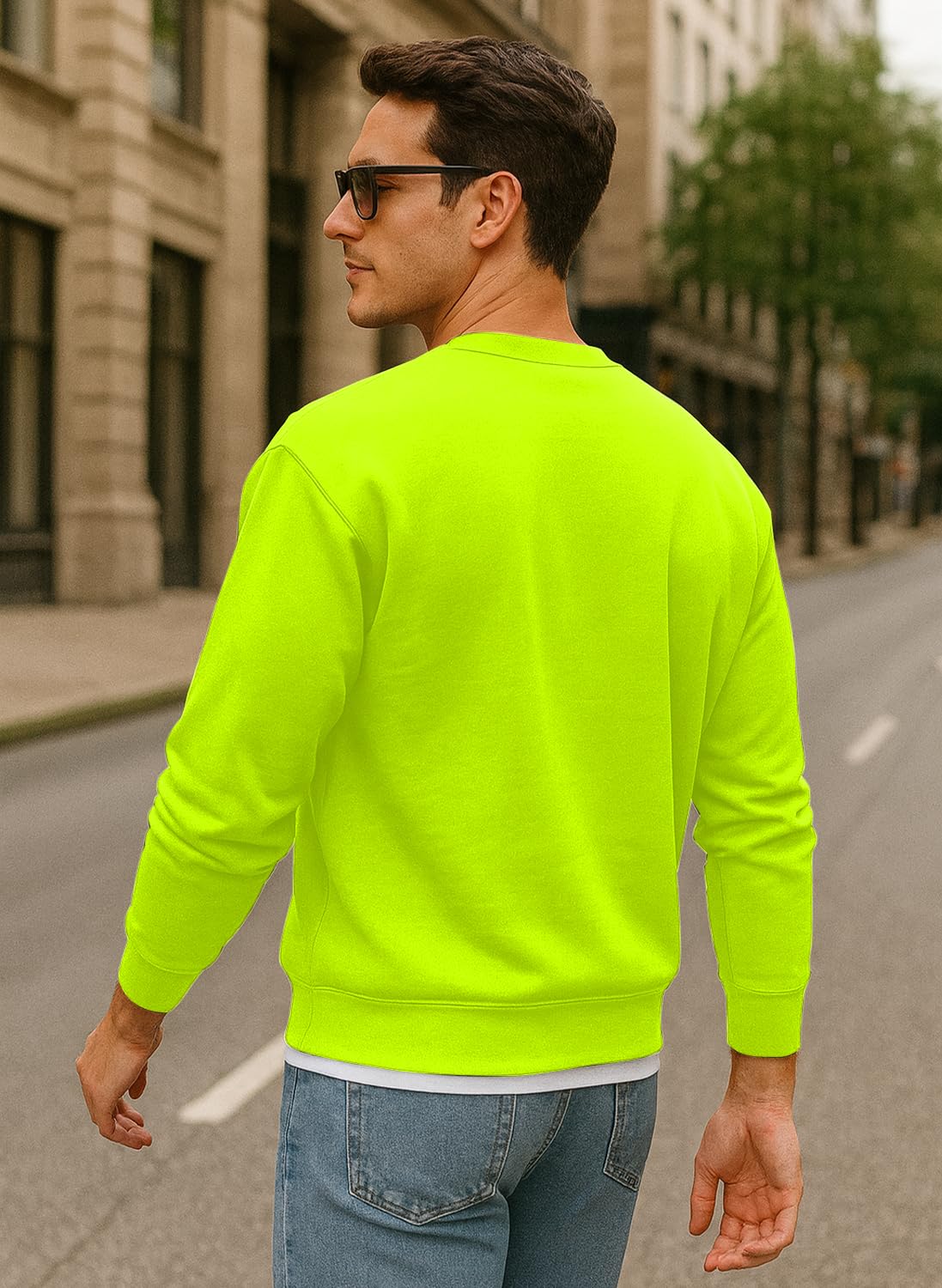 JustBlanks Fleece Sweatshirt for Men Tall Men’s Sweatshirt Crewneck Sweatshirt Relaxed-Fit Pullover Sweatshirt - Safety Green - 3XLT