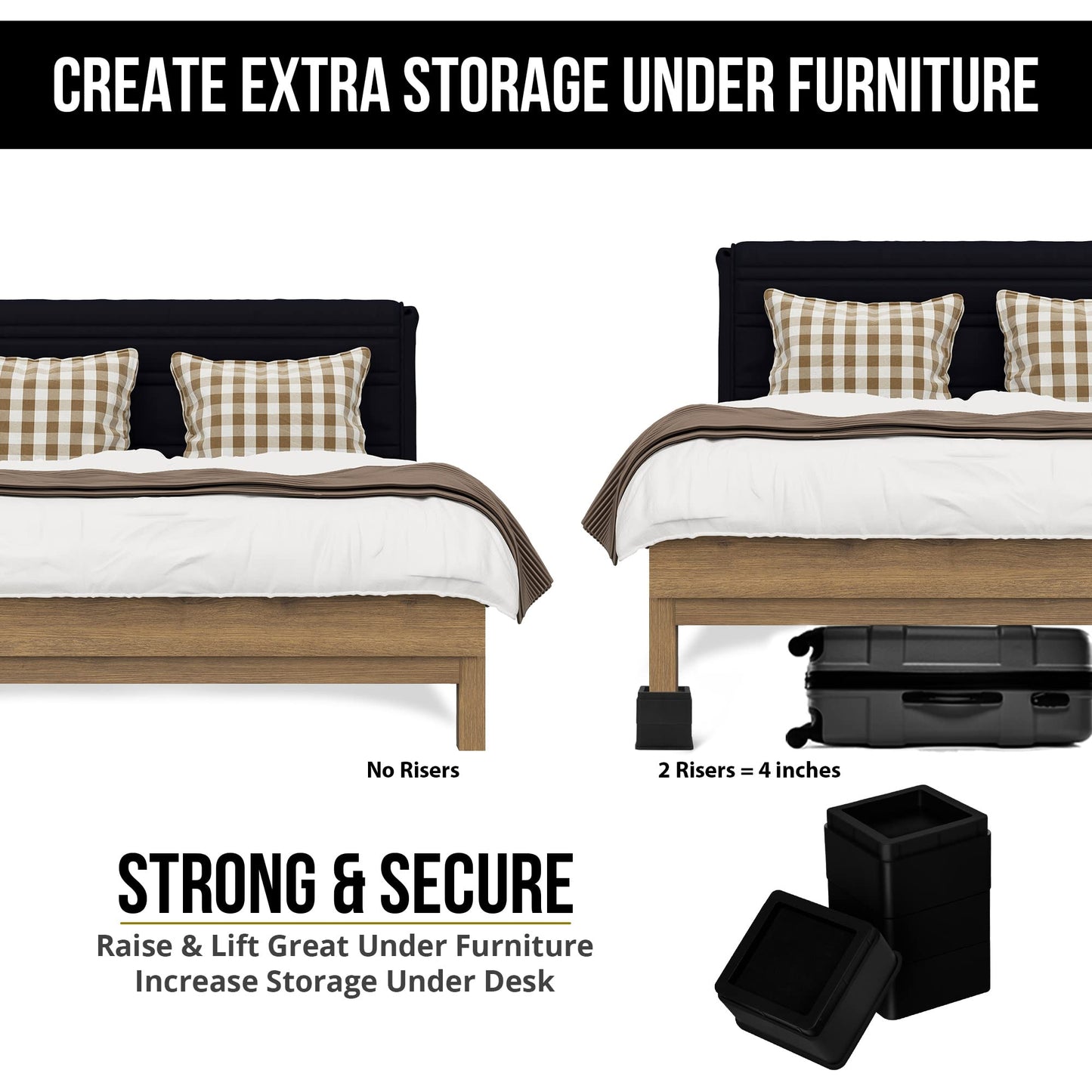 Utopia Bedding Bed Risers 2 Inch - Pack of 8 - Adjustable Furniture Risers 2 & 4 inch - Anti Slip Foam & Rubber Pad - Stackable Bed Lifts Risers Heavy Duty for Sofa, Bed, Table, Couch & Chair (Black)