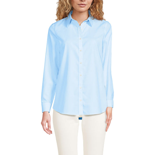 Lands' End Womens LS No Iron Button Front Shirt Bermuda Blue Mini Stripe Tall 16