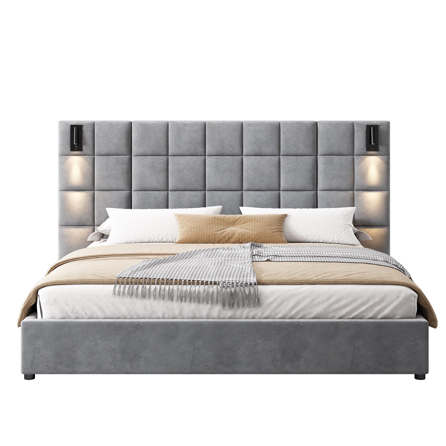 Merax California King Size Upholstered Velvet Bed Frame, with Wall Sconce and USB Port, Wide Headboard for Bedroom, (Without Bedside Tables & Mattress), Gray