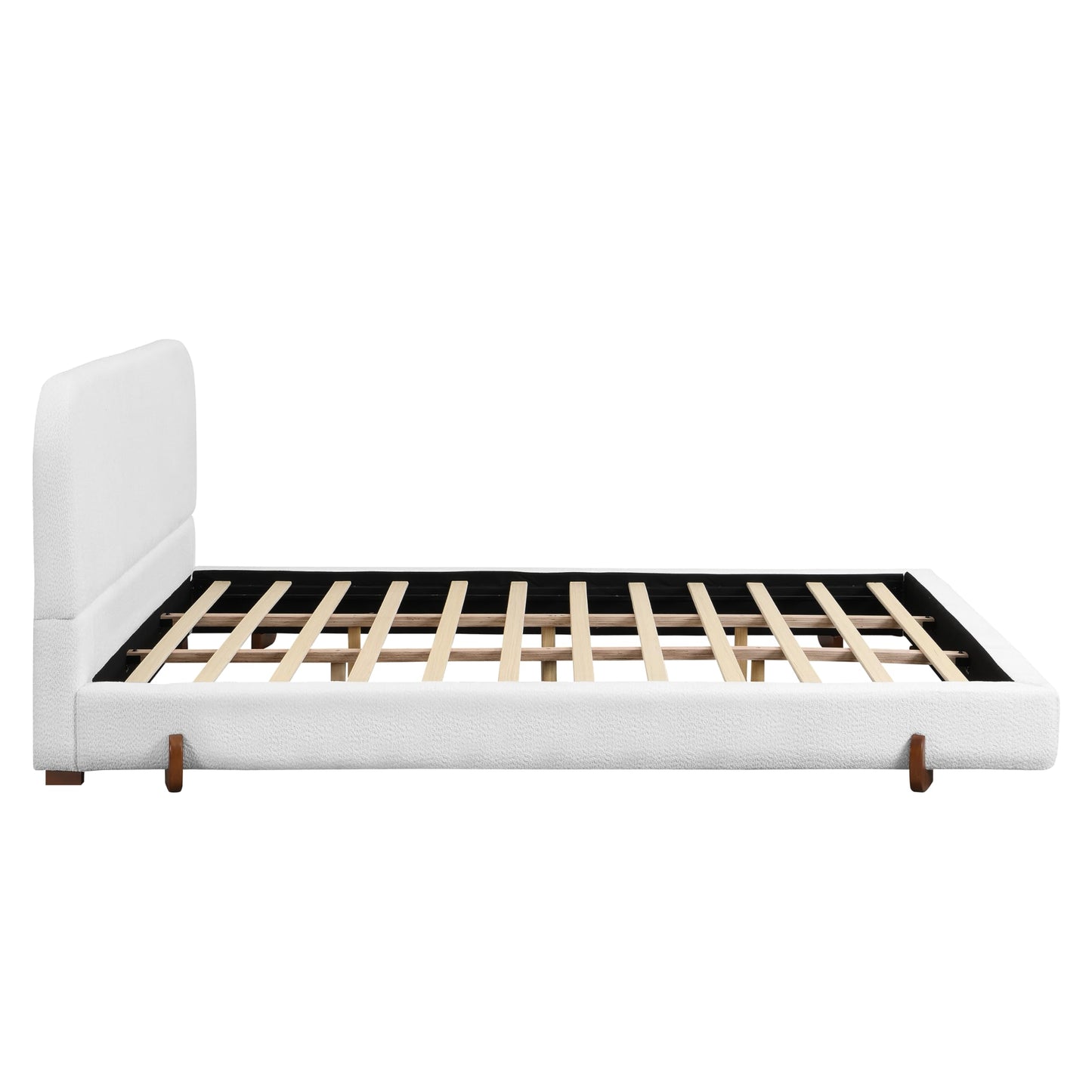 GDFStudio California King Upholstered Bed Frame, Unique Design with 4-Inch Thick Sides and Brown Rubber Wood Legs, White Chenille Fabric, Durable and Stylish Platform Bed for Home Décor