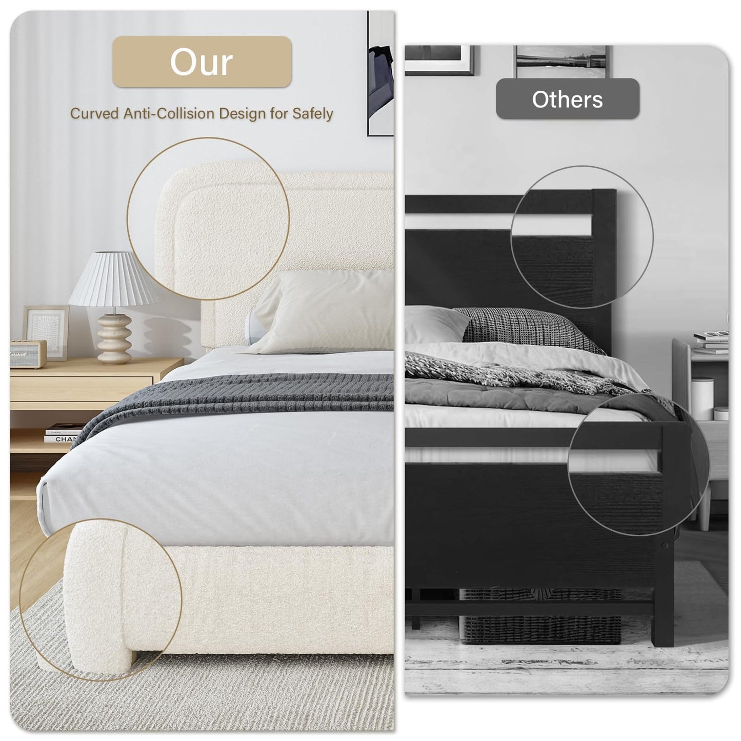 BarnFurin Boucle Upholstered California King Bed Frame/Soft Rounded Corners Headboard/Low Profile Bed Frame/No Box Spring Needed/Cream