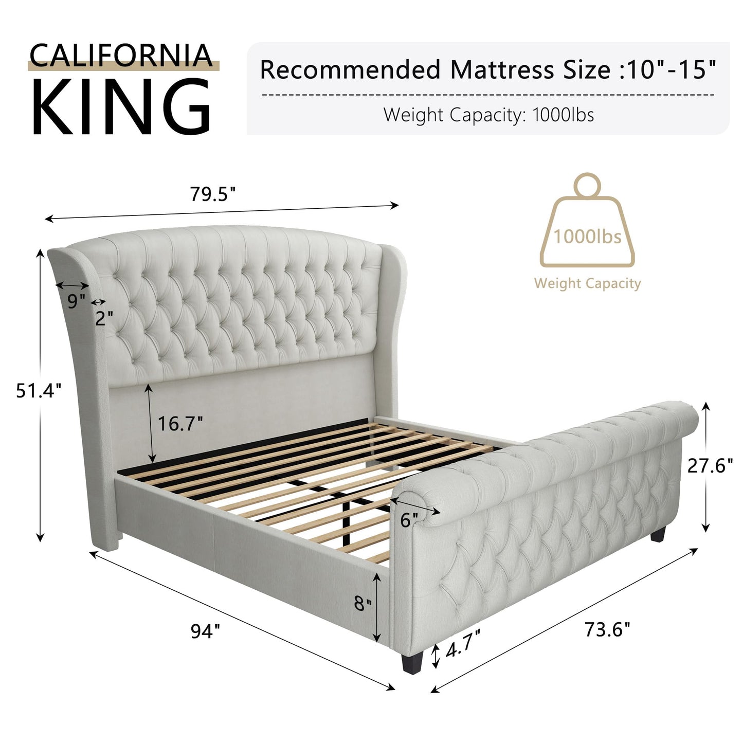 AMERLIFE California King Size Platform Bed Frame, Velvet Upholstered Sleigh Bed with Scroll Wingback Headboard & Footboard/Button Tufted/No Box Spring Required/Cream