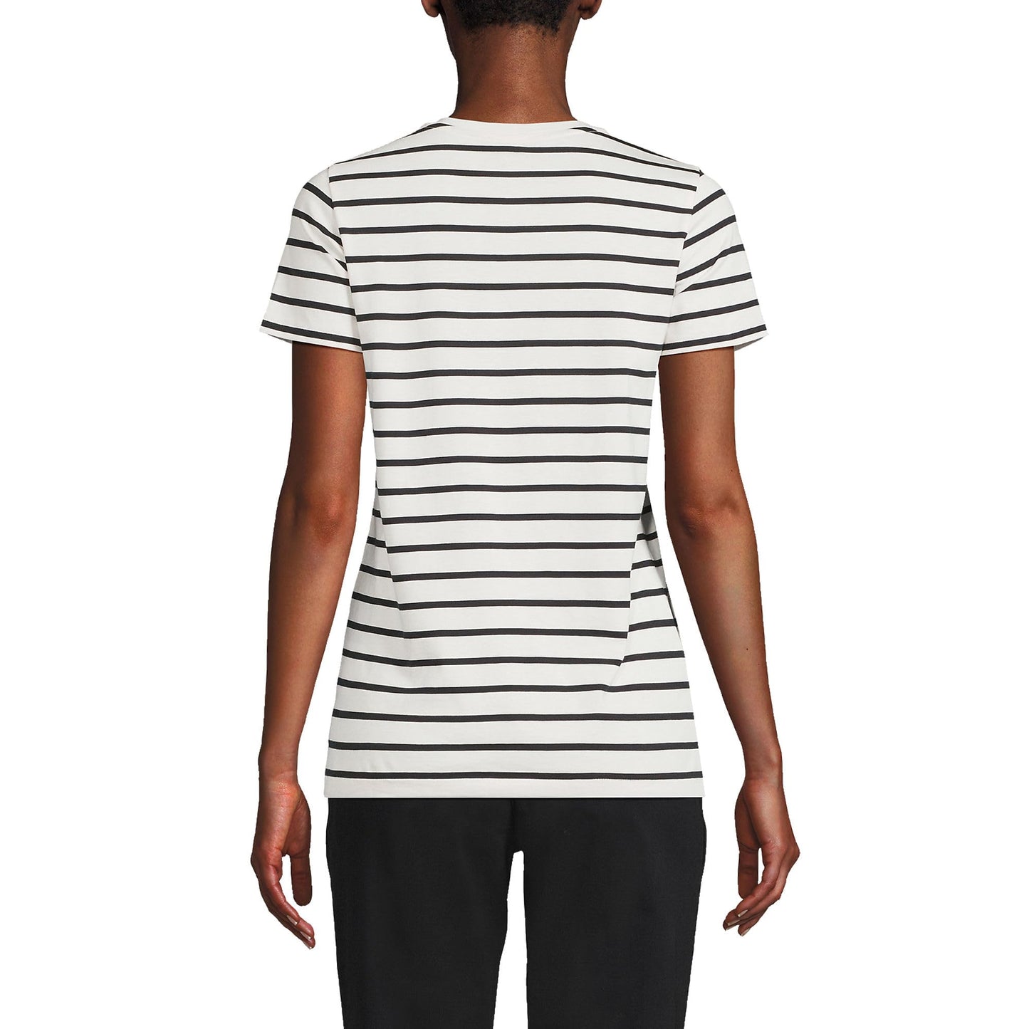 Lands' End Womens SS Relaxed Supima V Neck T Shirt Ivory/Black Breton Stripe Tall Small