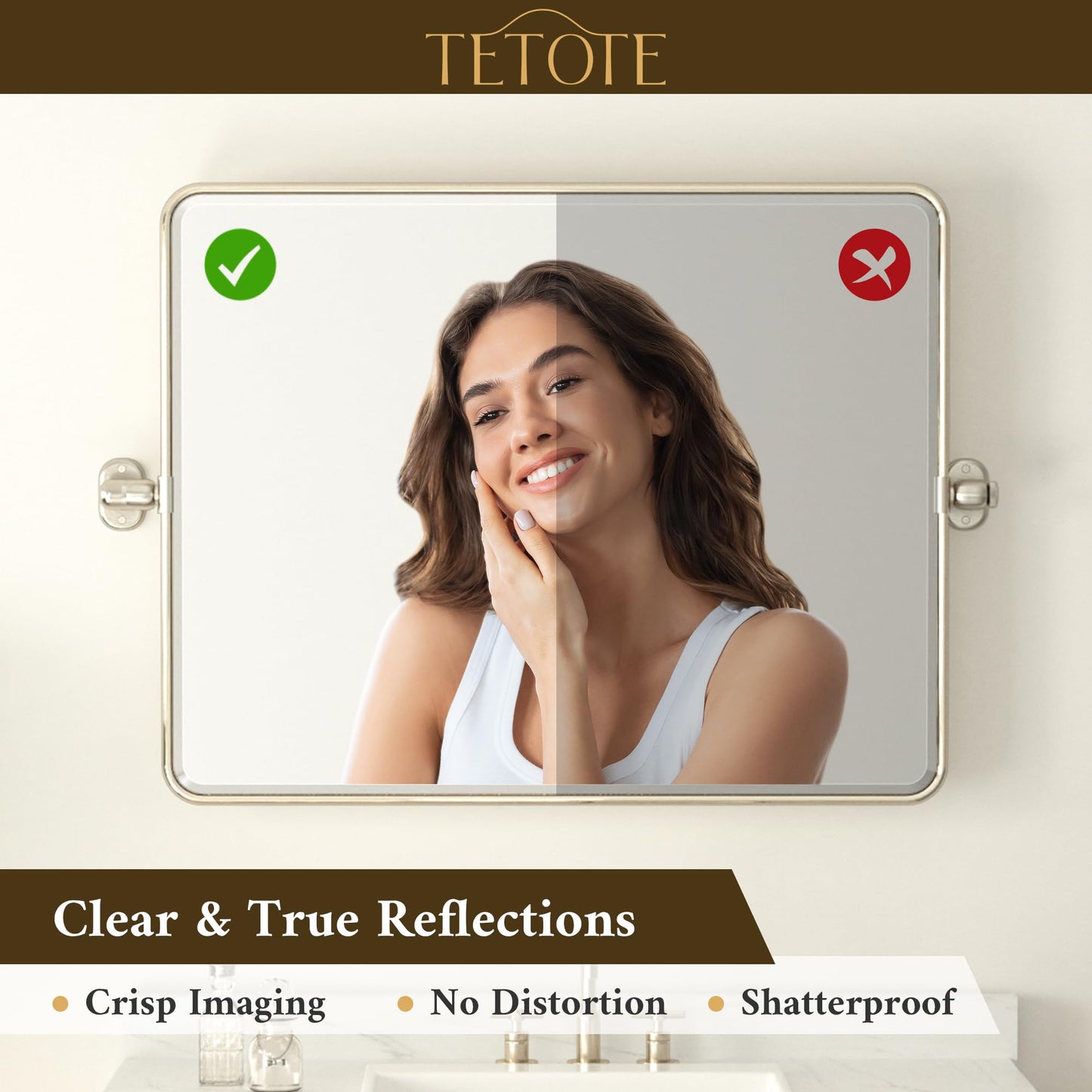 TETOTE Pivot Bathroom Mirror Brushed Nickel 30 x 36 Tilting Beveled Rectangle Metal Framed Mirror, Farmhouse Adjustable Tilt Rounded Corner Vanity Mirror, Horizontal/Vertical, Easy to Install