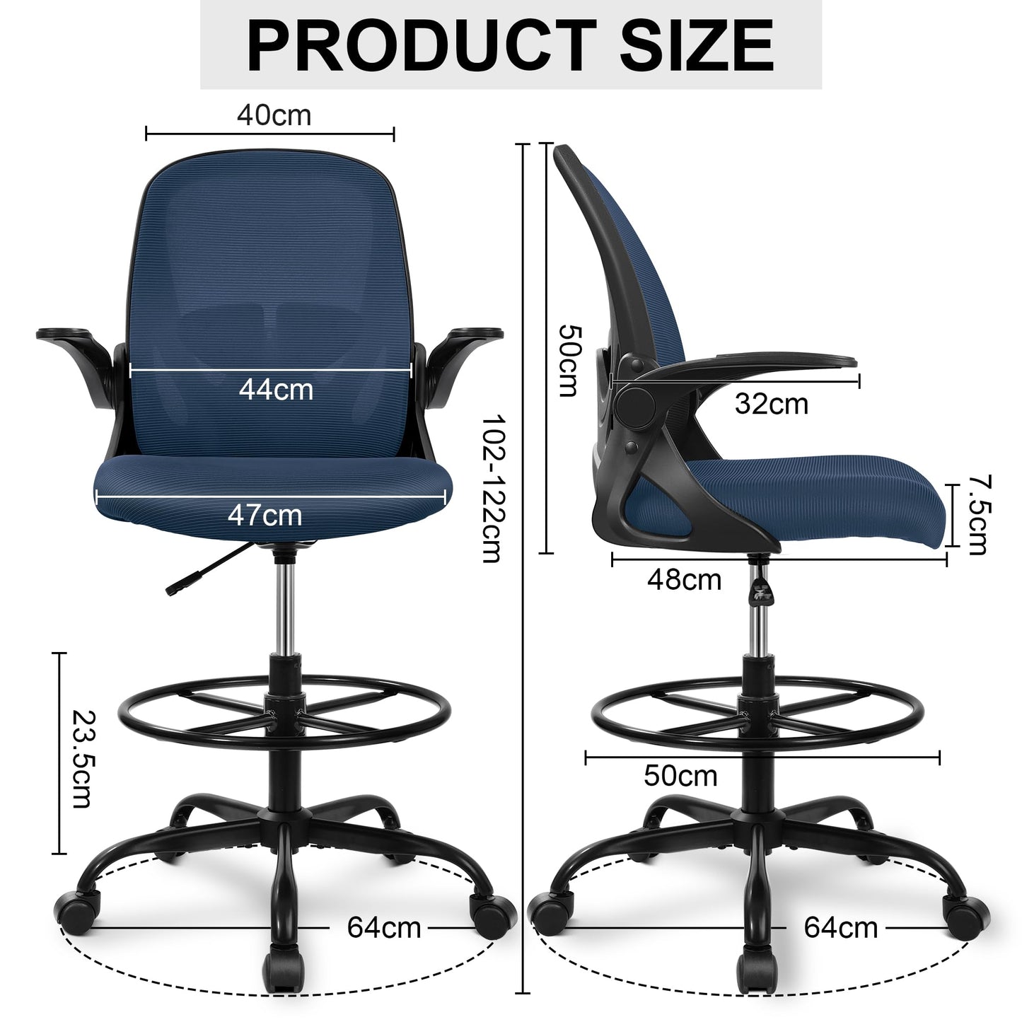 Drafting Chair, Tall Office Chair Ergonomic Standing Desk Chair,with Adjustable Footrest Ring, 3D Lumbar Support, Flip-up Armrests, Swivel Desk Stool for Drawing Working Navy