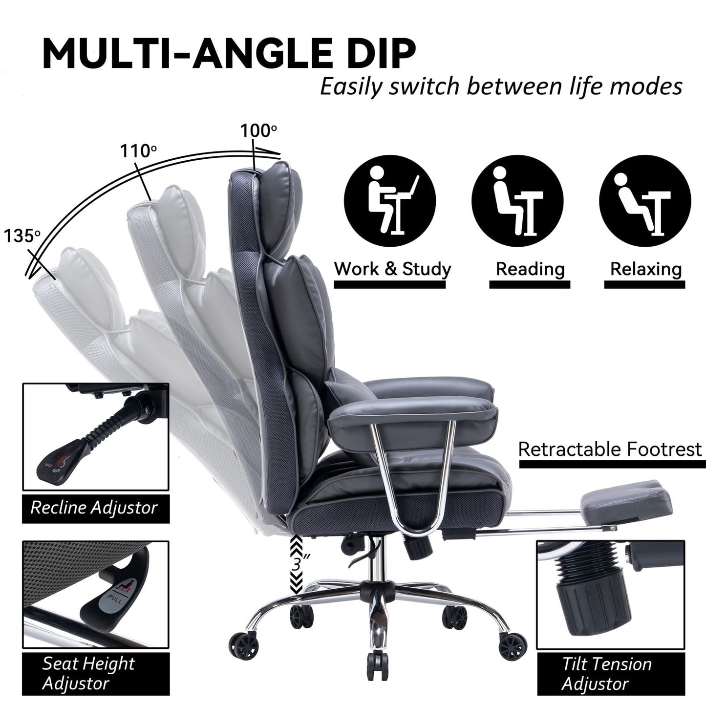 Efomao Big and Tall Office Chair with Footrest, 400LBS PU Leather High Back Executive Office Chair with Lumbar Support, Wide Computer Chair for Home Office, Dark Grey