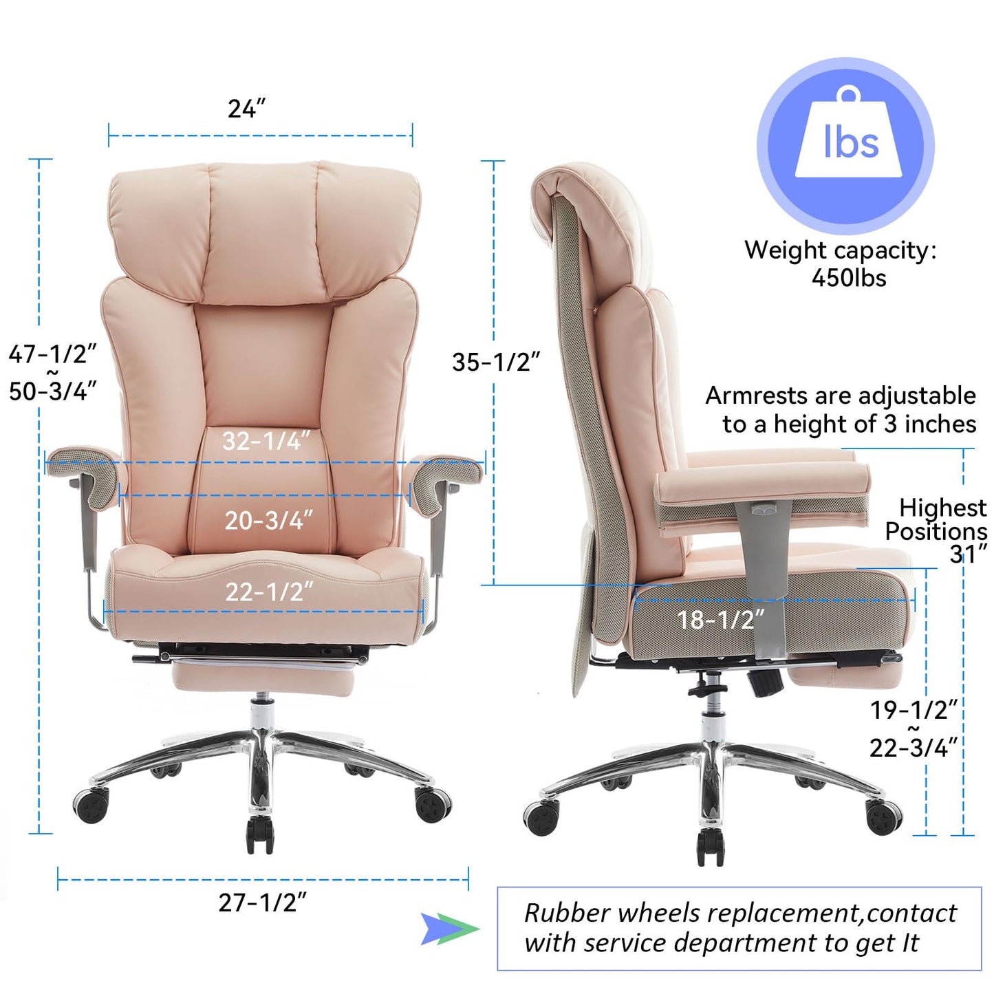 Efomao Big and Tall Ergonomic Office Chair 450LBS with Foot Rest, High Back PU Leather Executive Chair with Adjustable Padded Armrests, Lumbar Support for Home or Work, Heavy Duty Computer Chair, Pink