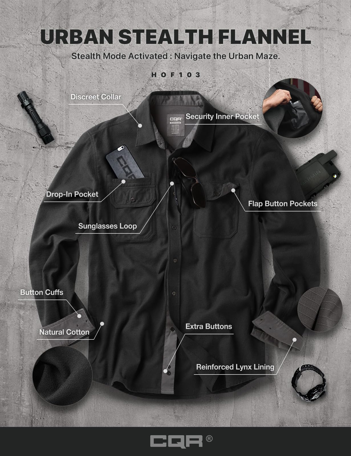 CQR Men's Flannel Button Down Shirts, Soft Cotton Plaid Long Sleeve Tactical Work Shirt, Warm Outdoor Essential with Pocket, Stealth Black, X-Large Tall