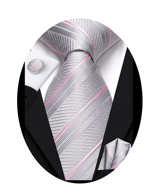 Hi-Tie Silver Ties for Men 70''Silk Extra Long Men's Ties Set Striped Necktie and Pocket Square Cufflinks for Business