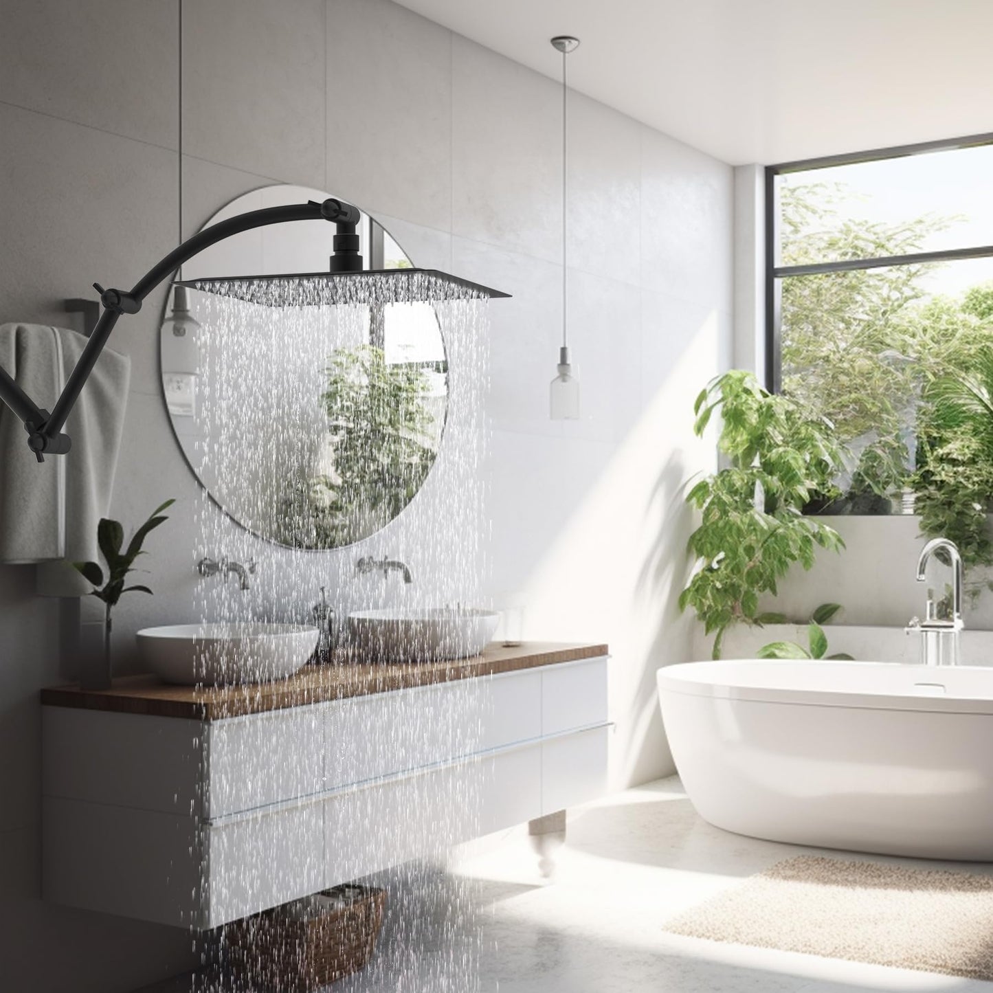 Hibbent All Metal 16'' Shower Head Extension Arm, Solid Brass Flexible Height & Angle Adjustable Shower Head Arm Extender with Lock Joints, Stainless Steel G1/2 Universal Connection, Matte Black