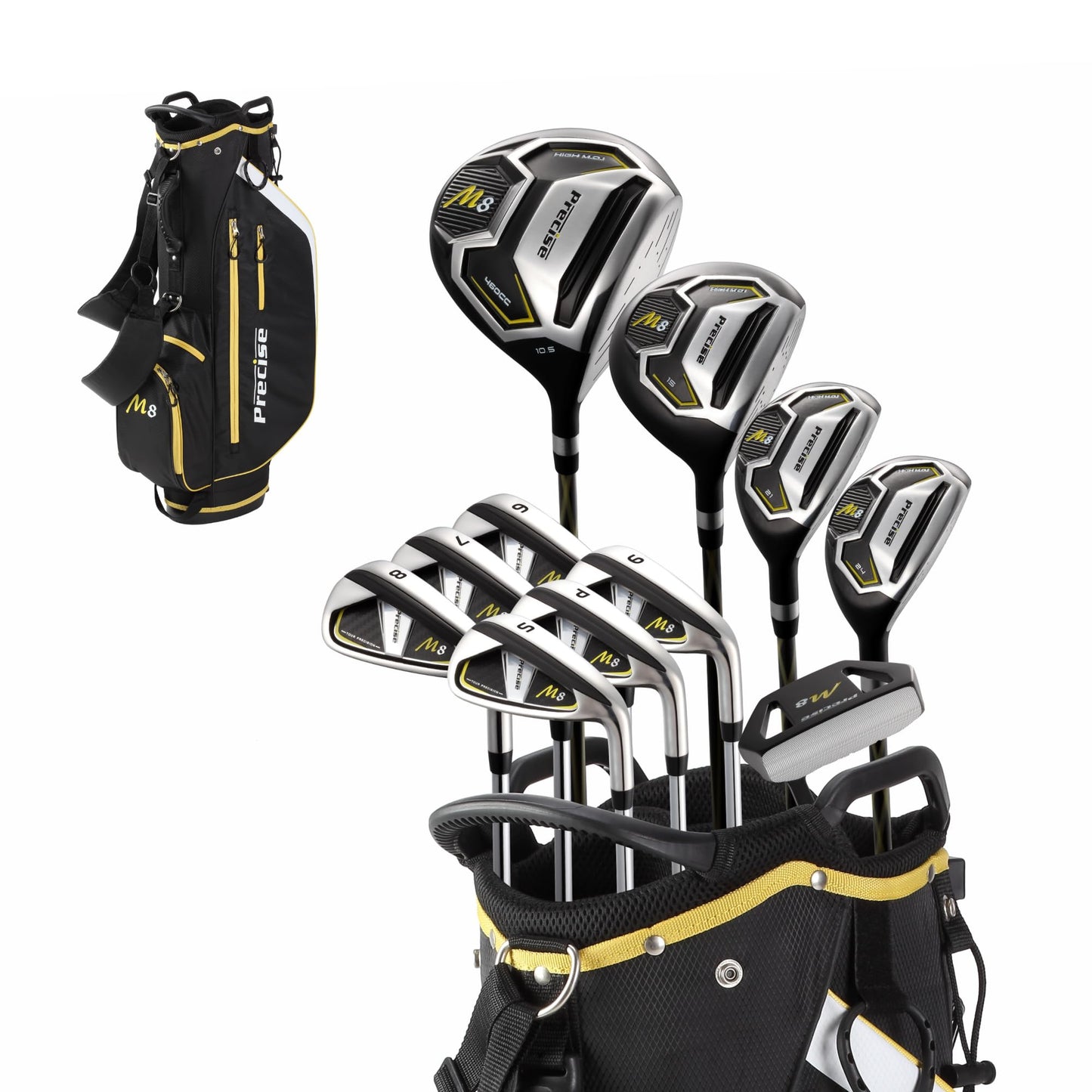 Precise M8 Men’s 17-Piece Golf Set – Driver, Woods, Hybrids, Irons (6-SW), Putter, Stand Bag, 4 Headcovers and Rainhood – RH, Reg/Tall, Kevlar Shafts