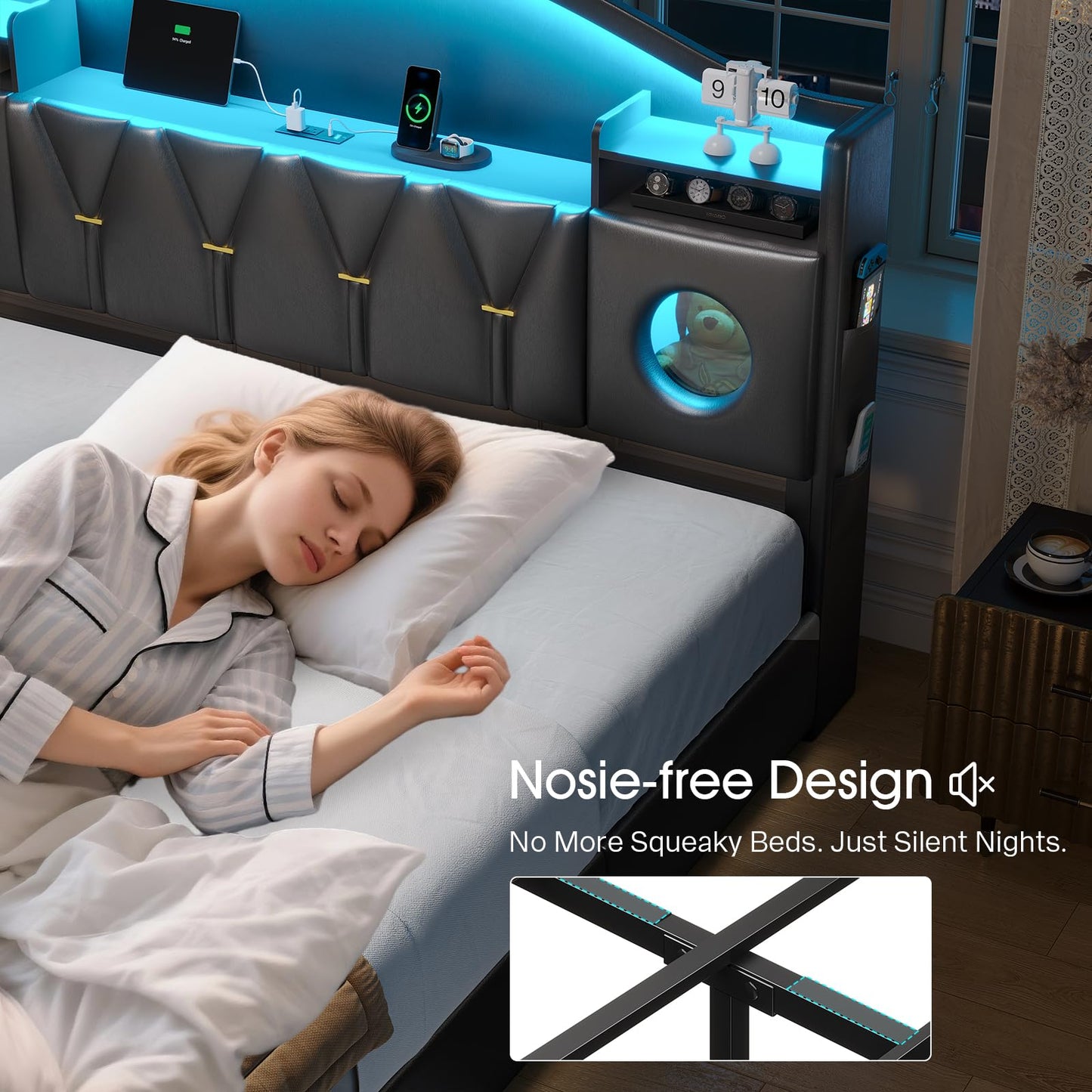 California King Bed Frames, Cal King Bed Frame with Storage Headboard & 6 Drawers, Platform Bed with with LED Lights & Charging Station, Noise-Free, No Box Spring Needed, Easy Assembly, PU Black