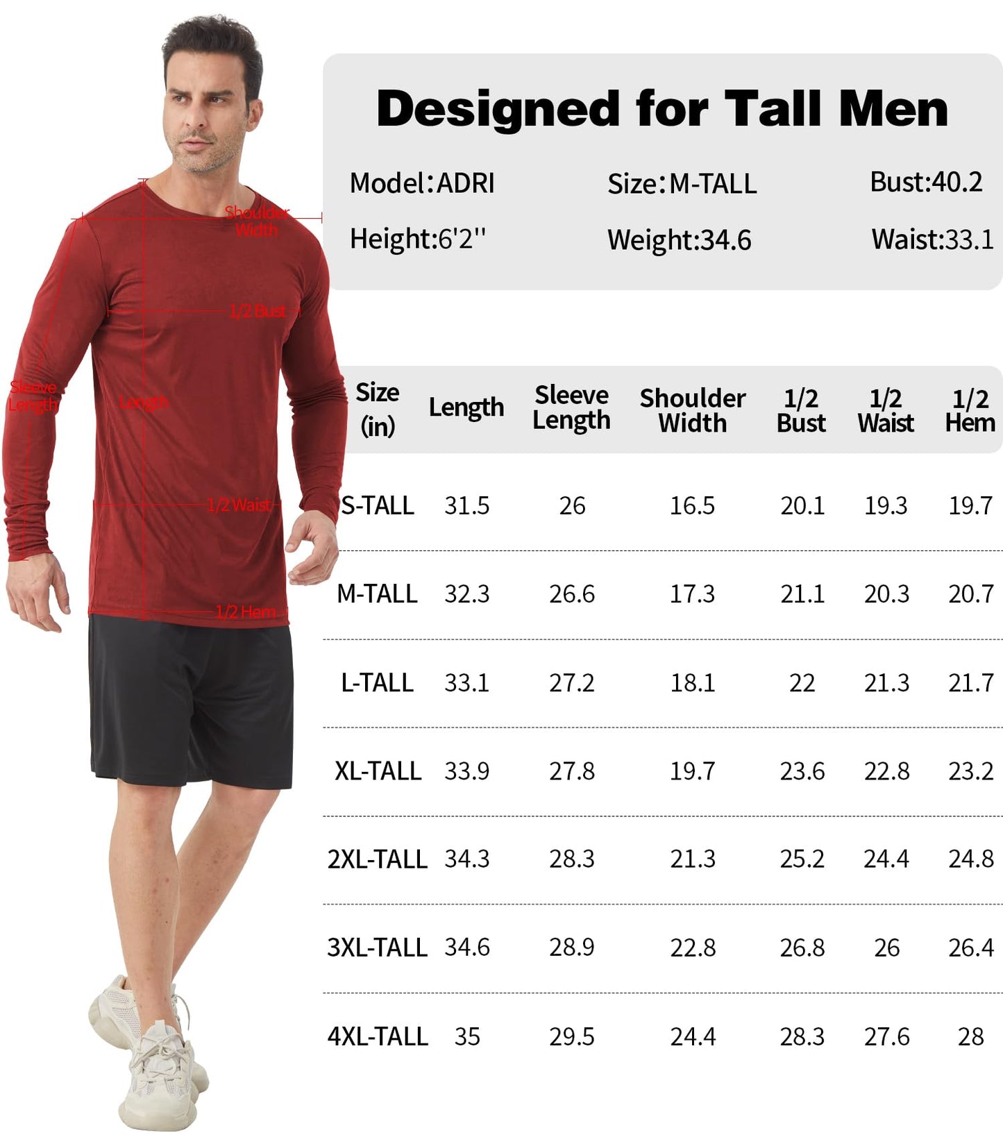 Men's Tall Rash Guard Long Sleeve T Shirts - UPF 50+ Sun Protection Tee Shirt for Fishing, Swim, Hiking Wine