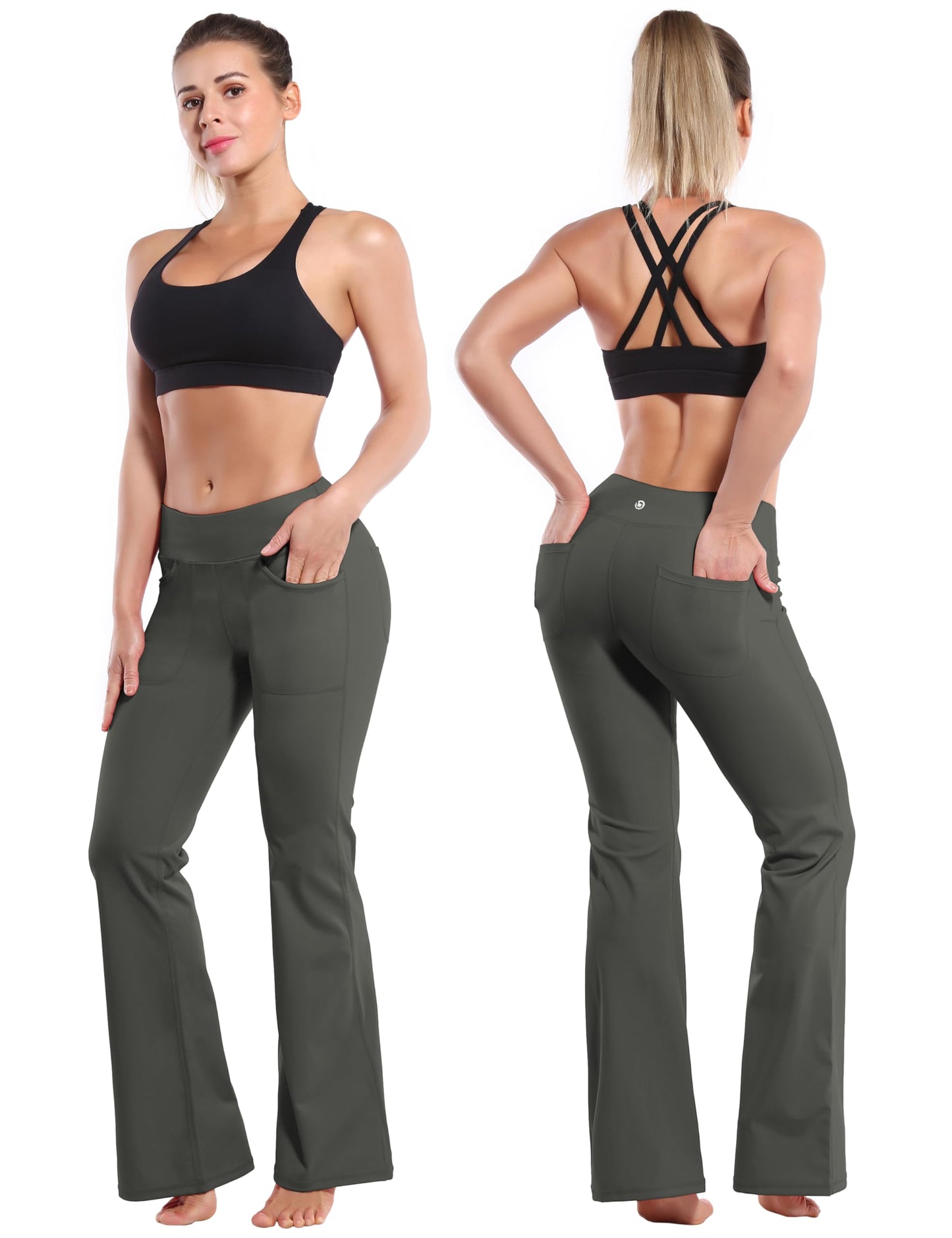 BUBBLELIME 29"/31"/33"/35" 4 Styles Women's High Waist Bootcut Yoga Pants - Out Pockets_OLIVEGRAY M-35 Inseam