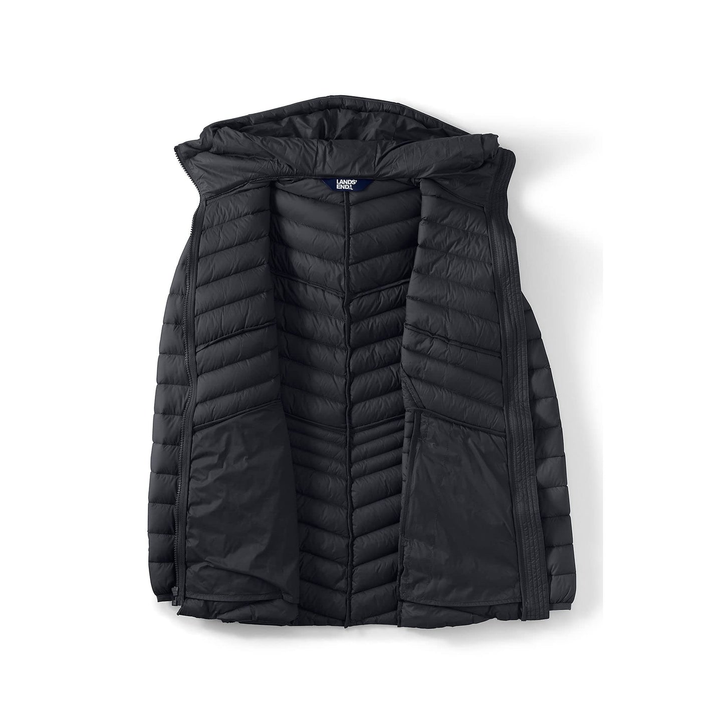 Lands' End Womens Packable Chevron Hooded Long Wanderweight Down Jacket Black Tall Medium