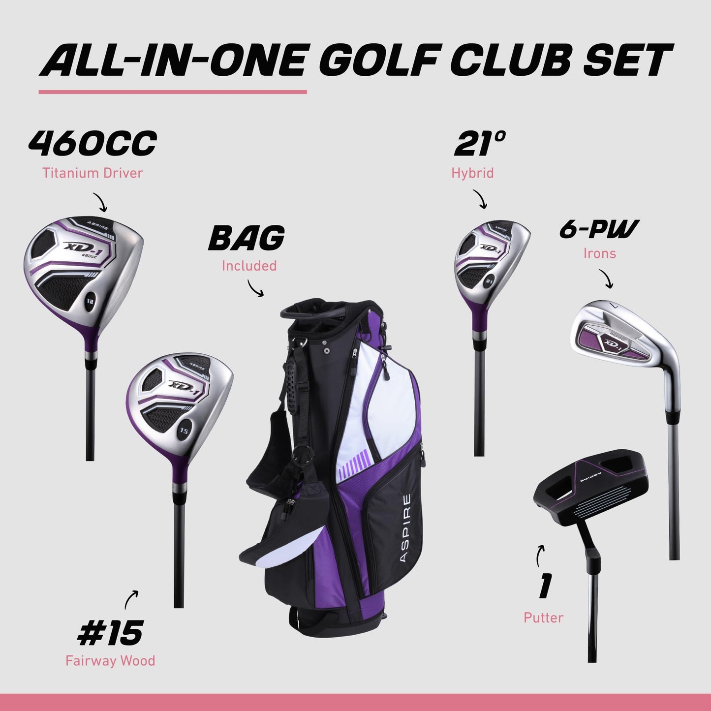 Aspire XD1 Women's Golf Club Set – Ultra-Light Graphite Shafts, Driver, Fairway, Hybrid, 6-PW Irons, Putter, Stand Bag & Headcovers – Right-Handed, Available in Regular, Petite & Tall Sizes – Purple